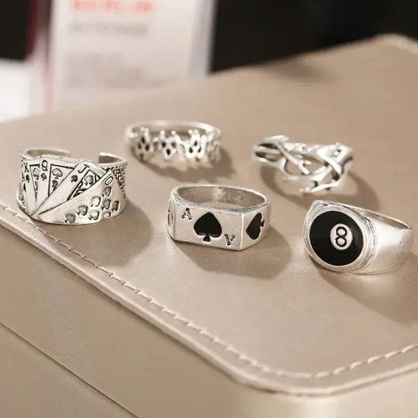 VIBE Ring Set Gothic Punk Rock Playing Cards Size ONE SIZE - 4 Thumbnail
