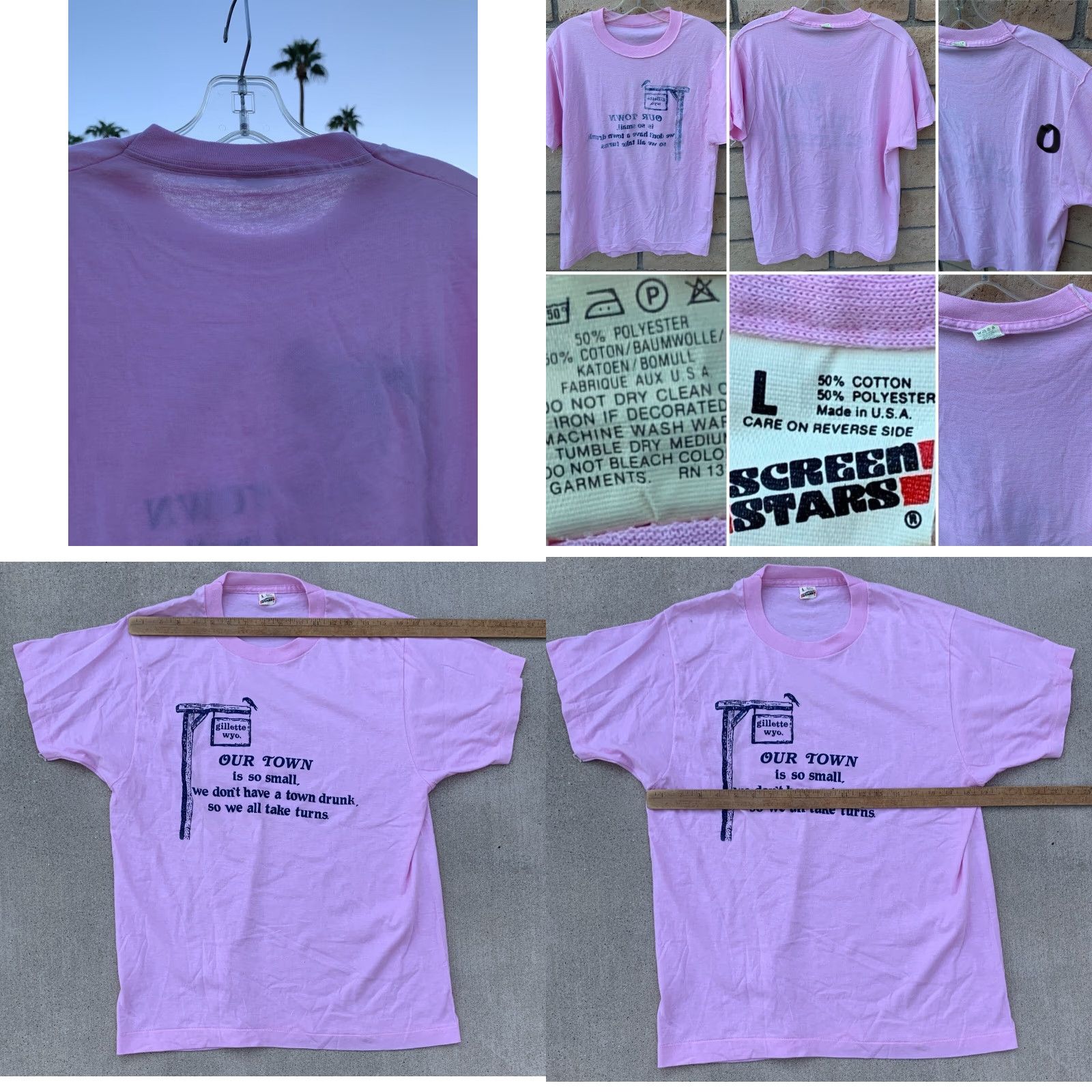 Vintage VINTAGE Screen Stars T-Shirt Mens L Pink 1980s Funny Our Town Is So Small We Dont Have A Town Drunk Graphic Print Cotton Blend Short Sleeve USA Size US L / EU 52-54 / 3 - 10 Thumbnail