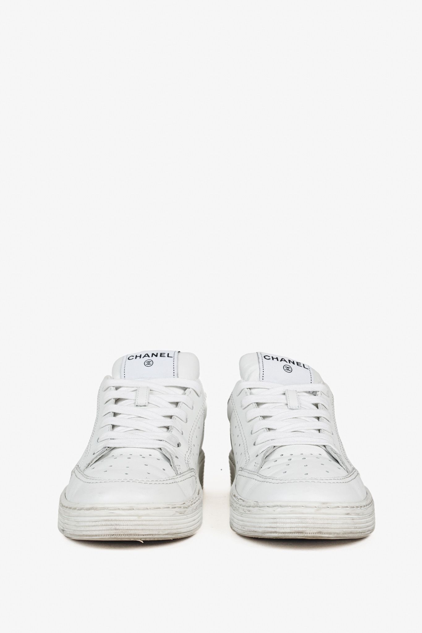 Chanel Chanel White Perforated Logo Leather Lace-Up Sneakers Size US 10.5 / IT 40.5 - 2 Thumbnail