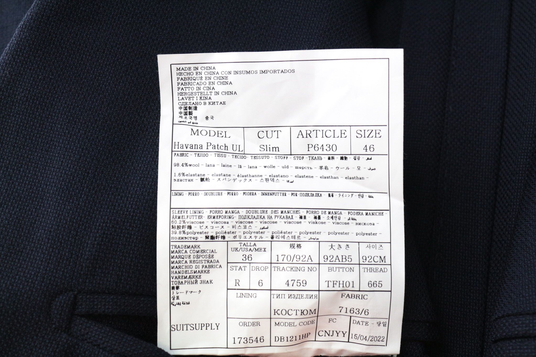 HAVANA PATCH UK36R Slim Unlined Wool Stretch Blue 68288
