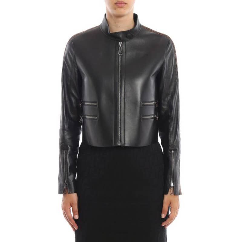 image of Fendi Long Sleeve Lambskin Leather Cropped Moto Jacket Black, Women's (Size XS)