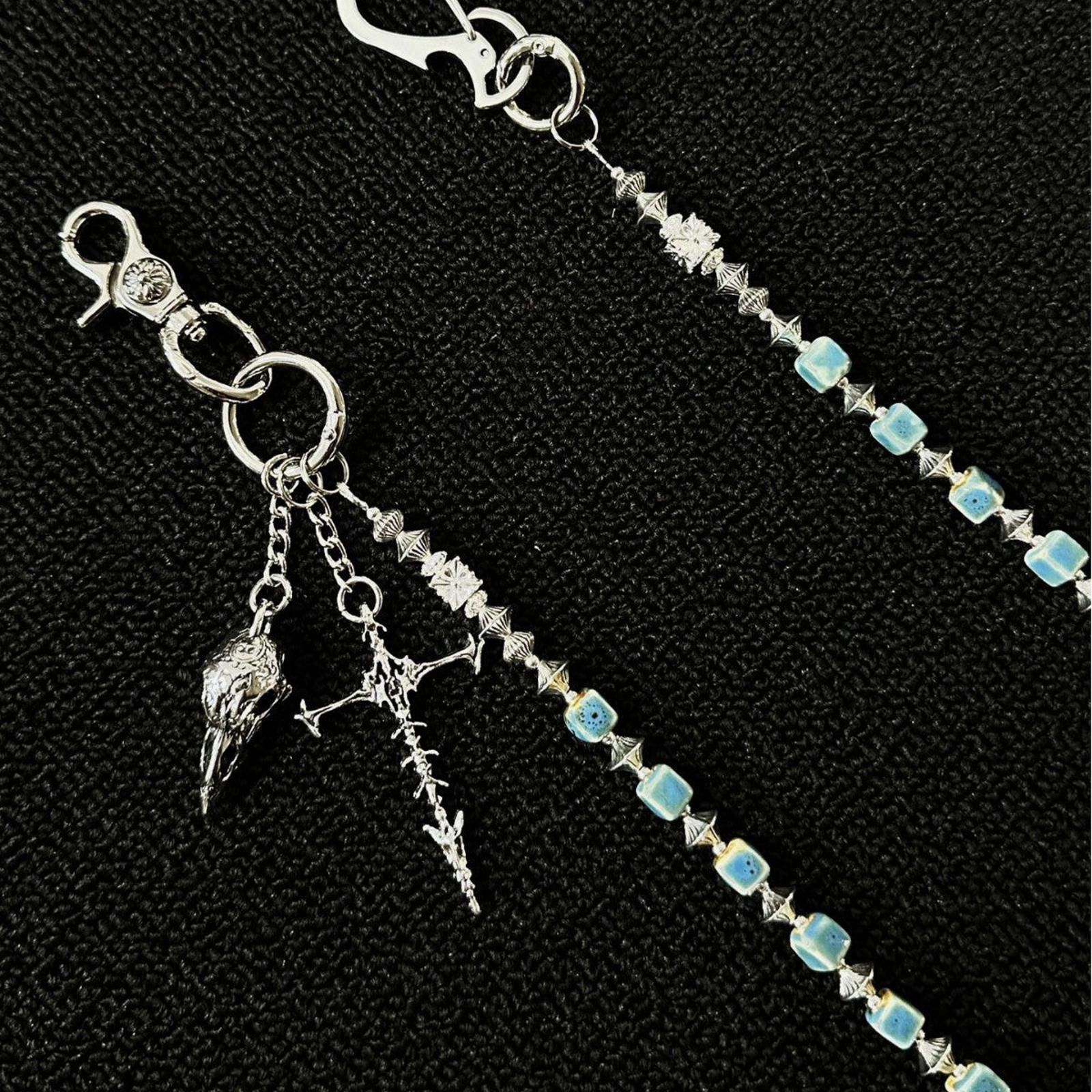 Jewelry Blue Beaded Chain Wallet Accessory with Silver Charms Size ONE SIZE - 4 Thumbnail