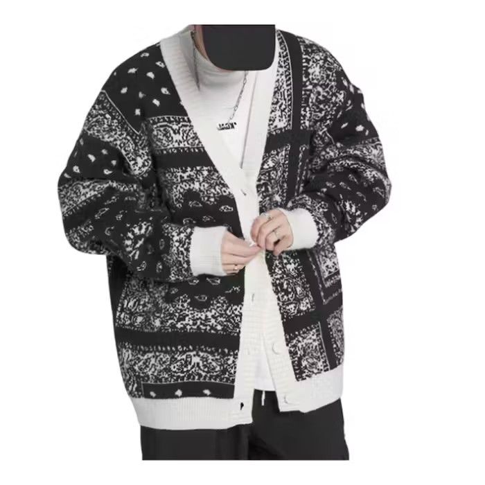 image of Vintage Paisley Bandana Black Cardigan Sweater, Men's (Size Medium)