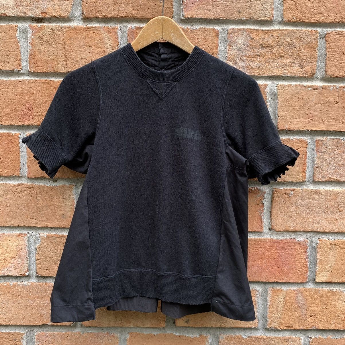 Sacai X Nike Black Short Sleeve Nike Top with Ruffle Trim
