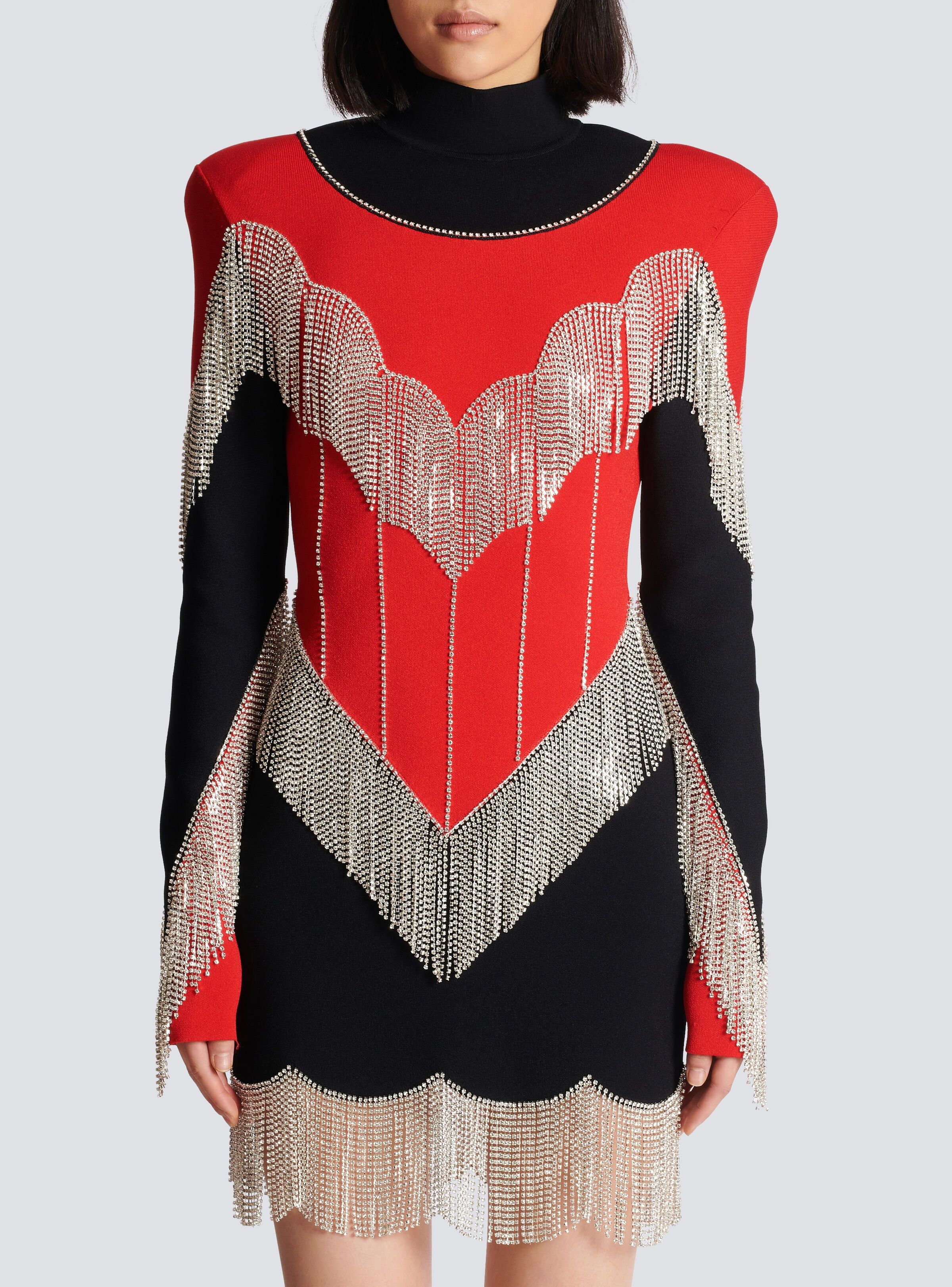 Balmain o1s1wg110825 Fringed Knit Dress in Black/Red Size XL / US 12-14 / IT 48-50 - 3 Thumbnail