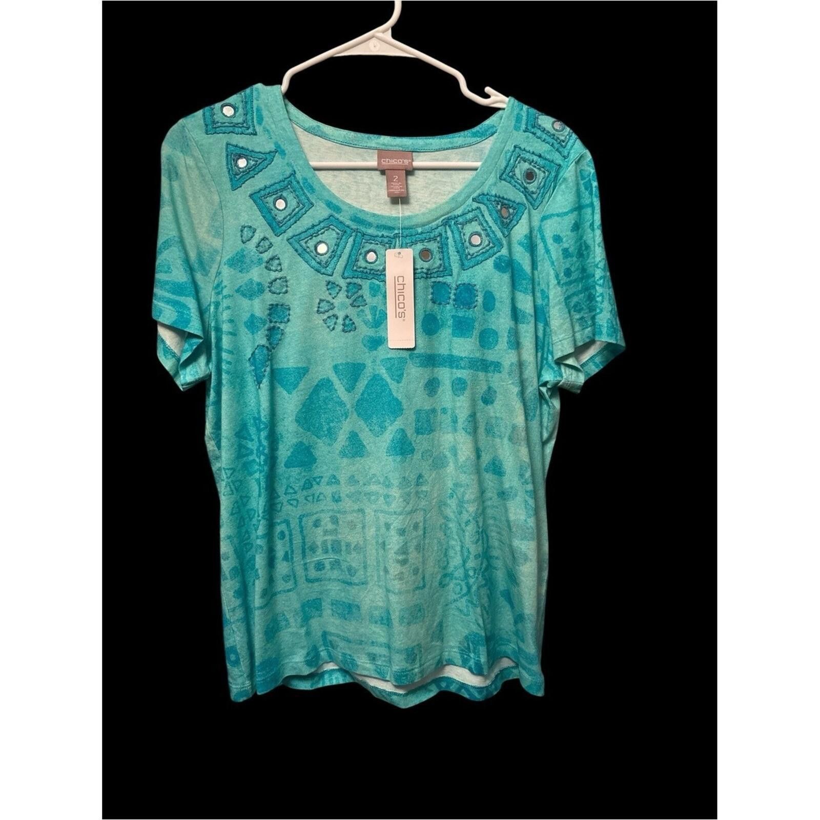 Chicos Chico's Turquoise Short-Sleeve Scoop Neck Patterned Top Size M / US 6-8 / IT 42-44 - 1 Thumbnail
