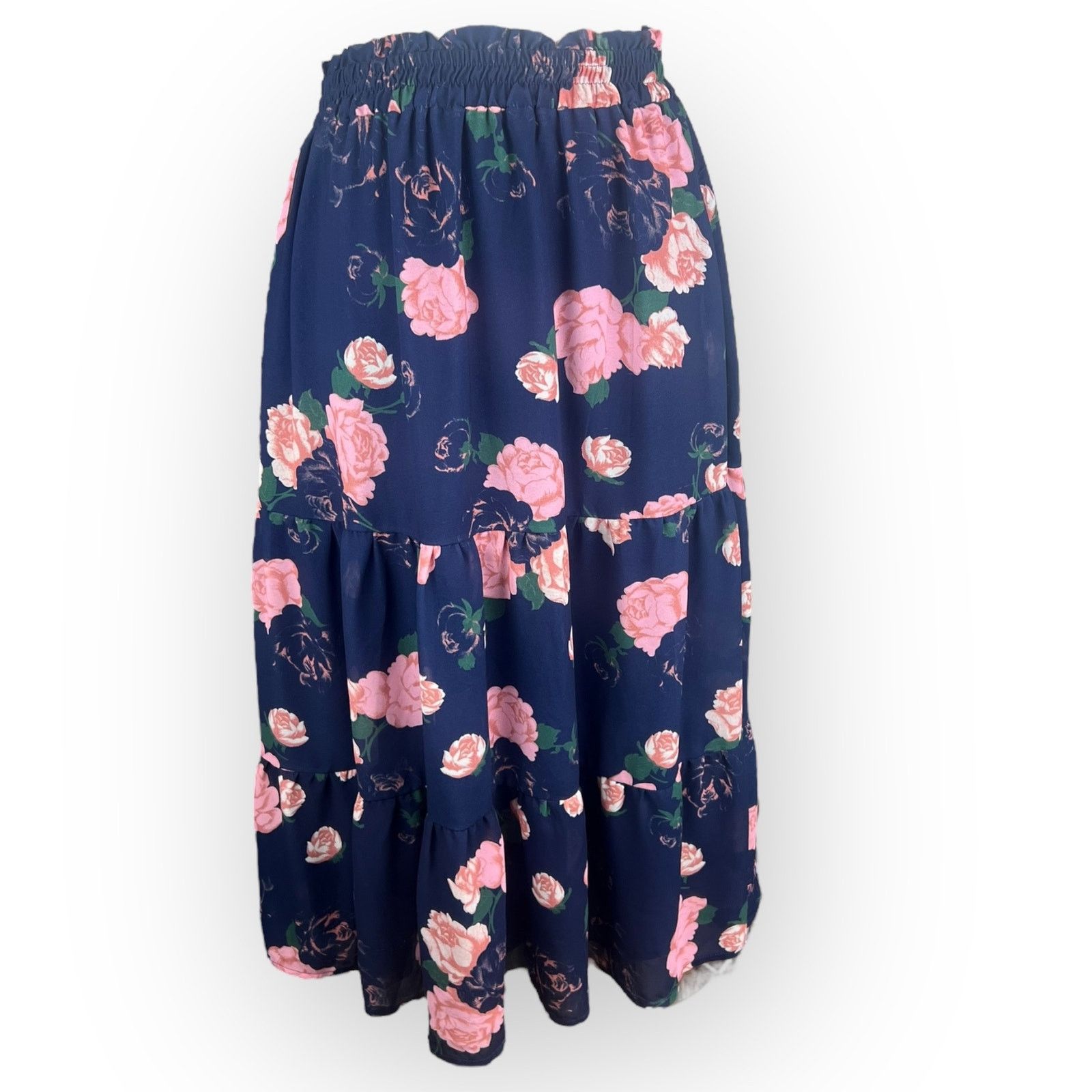 Vintage Modcloth Floral A-Line Skirt Navy Blue & Pink Flowers Size 28" / US 6 / IT 42 - 1 Thumbnail