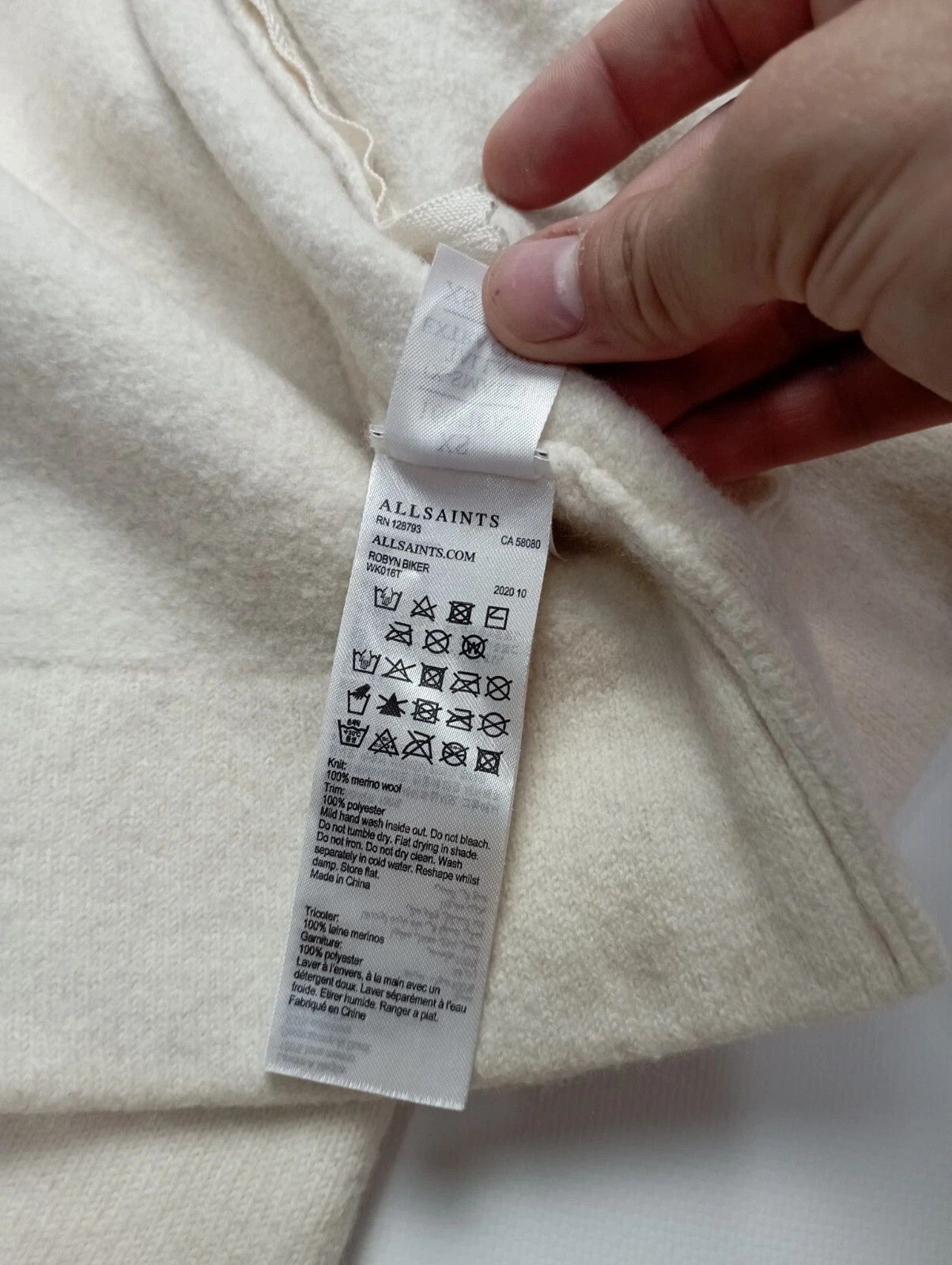 Allsaints AllSaints Robyn Biker Merino Wool Jacket Ivory – Size XS–S Size XS / US 0-2 / IT 36-38 - 14 Thumbnail