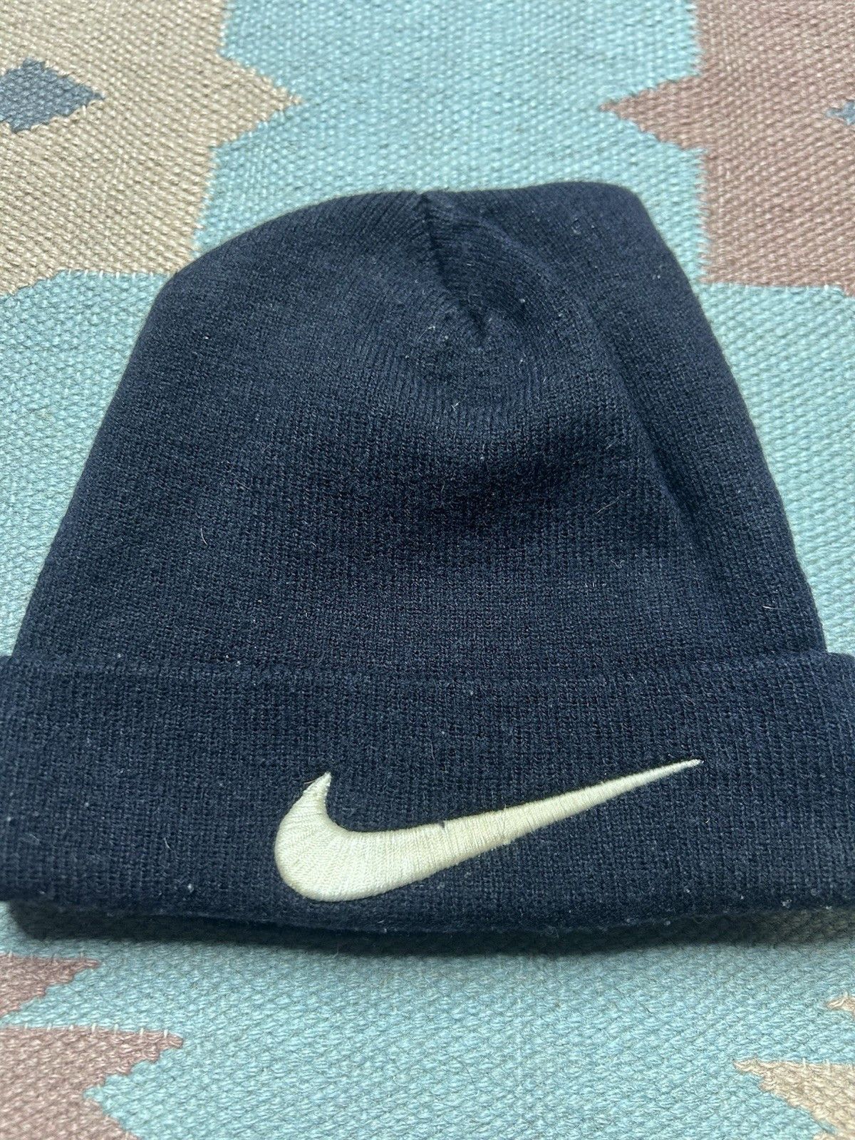 Vintage Vtg acrylic knit beanie Nike swoosh check logo black OSFA Size ONE SIZE - 3 Thumbnail