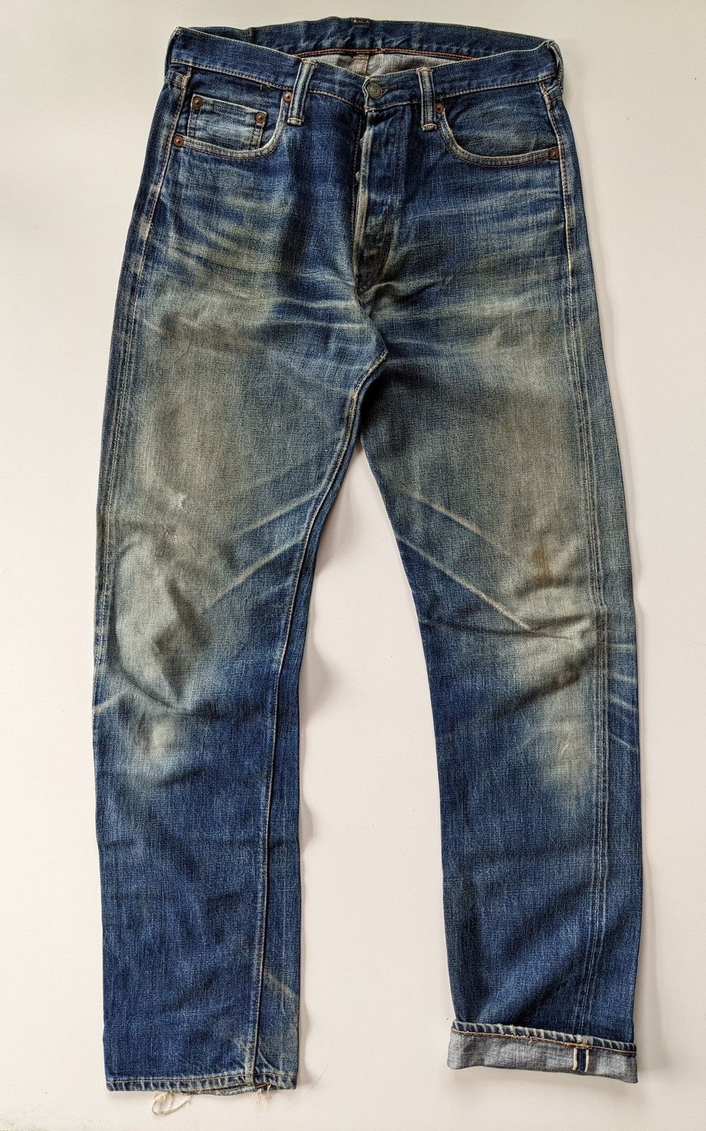 image of Distressed Denim x Full Count Co Distressed Fullcount Selvedge Denim in Blue Jean (Size 31)