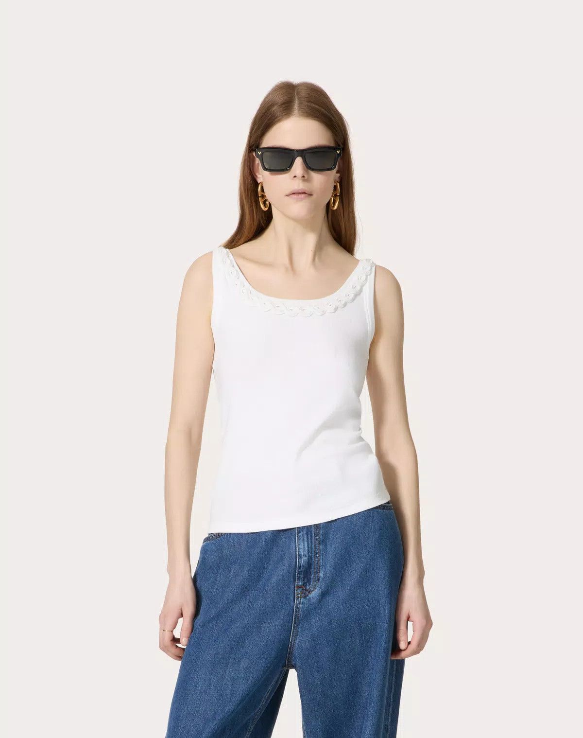Valentino o1s1wg110426 Embroidered Cotton Rib Top in White Size XL / US 12-14 / IT 48-50 - 3 Thumbnail