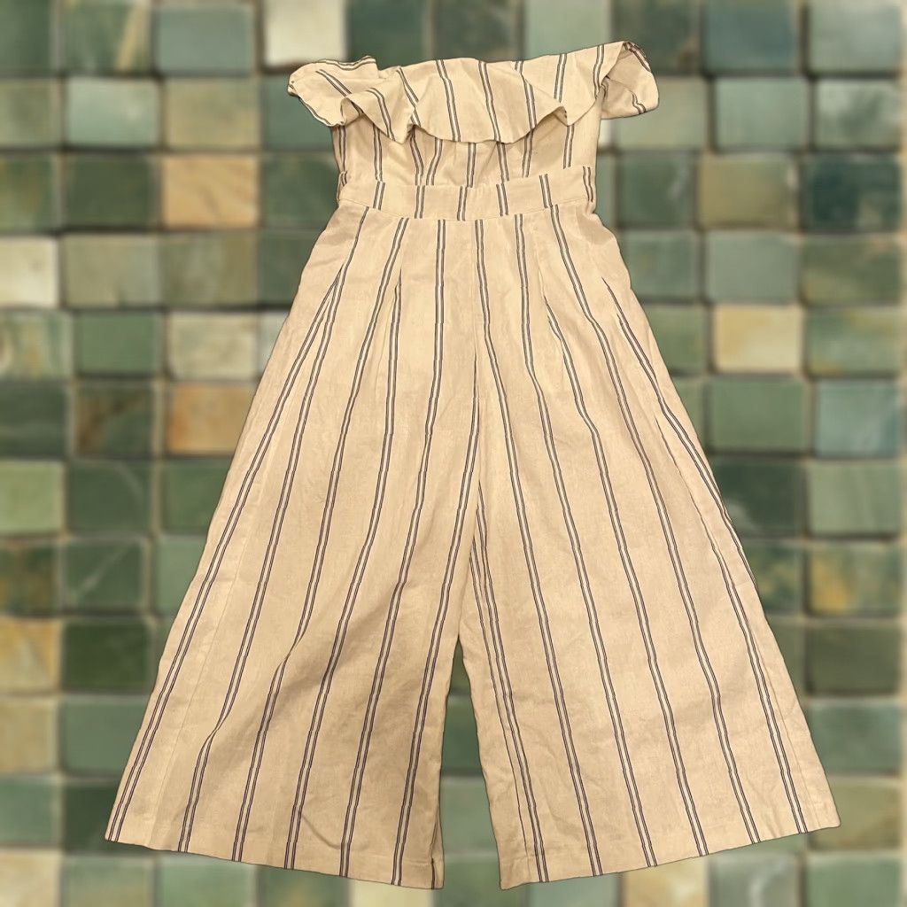 Vintage The Vintage Shop Jumpsuit Striped Strapless Ruffle Boho Ivory Crop Wide-Leg L Womens Size 36" / US 14 / IT 50 - 1 Thumbnail