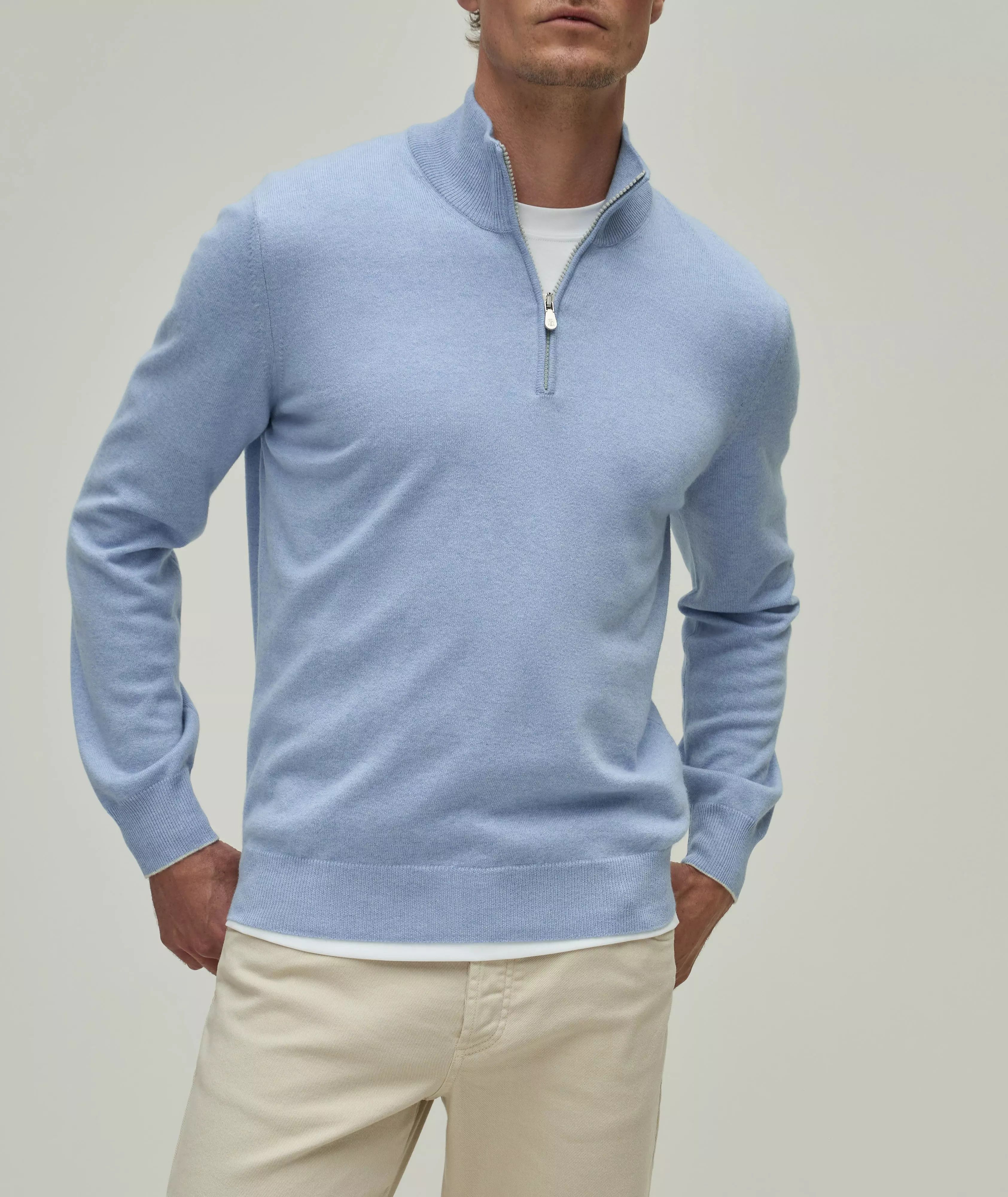 Brunello Cucinelli o1gr1nt0525 Half Zip Cashmere Pullover in Light Blue Size US L / EU 52-54 / 3 - 2 Thumbnail