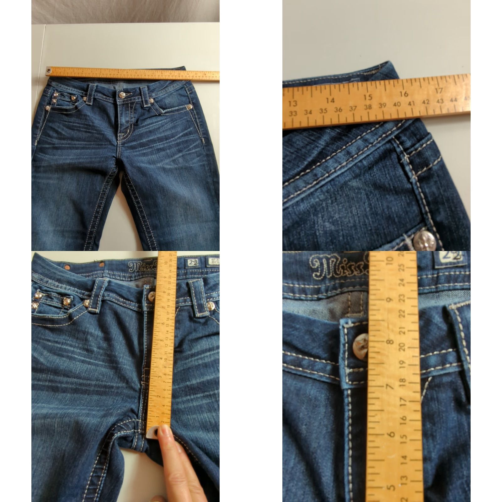 Miss Me Miss Me Jeans Womens Bootcut Mid Rise Dark Wash Rhinestone 5-Pocket Denim 29 Blue Womens Jeans Size 29" - 9 Thumbnail