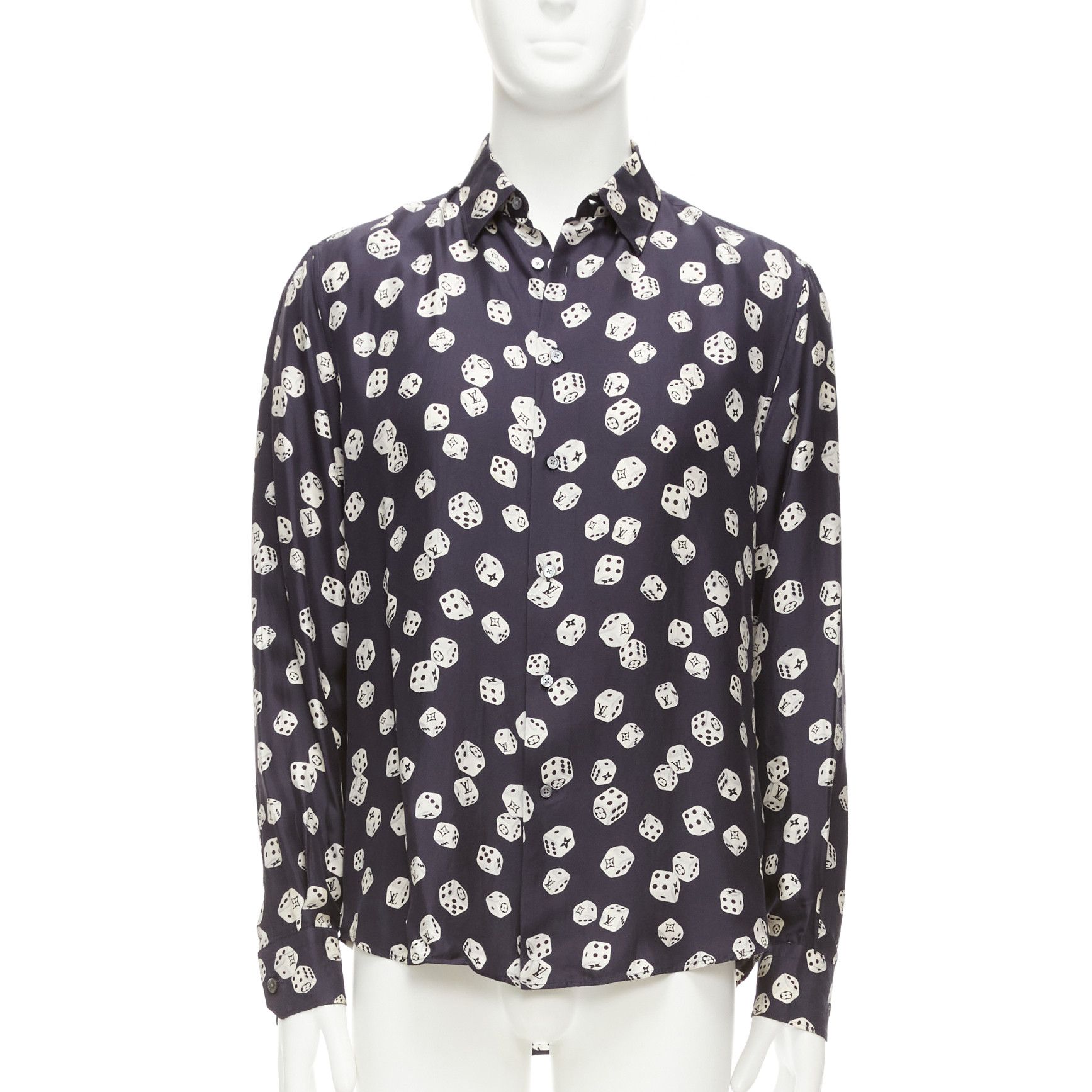 Louis Vuitton LOUIS VUITTON navy cream 100% silk LV logo dice print regular fit shirt M Size US M / EU 48-50 / 2 - 1 Thumbnail