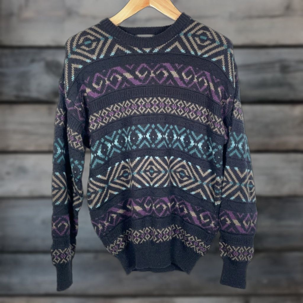Vintage VINTAGE Peter England Geometric Sweater Shirt (Men's) Large Black Purple 90s Retro Crew Neck Wool Blend Pullover Size US L / EU 52-54 / 3 - 1 Thumbnail