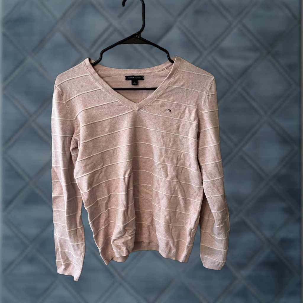 Tommy Hilfiger Tommy Hilfiger Women's Knit Pullover Sweater Medium Pink Striped V-Neck Long Sleeve Regular Casual Size M / US 6-8 / IT 42-44 - 1 Thumbnail