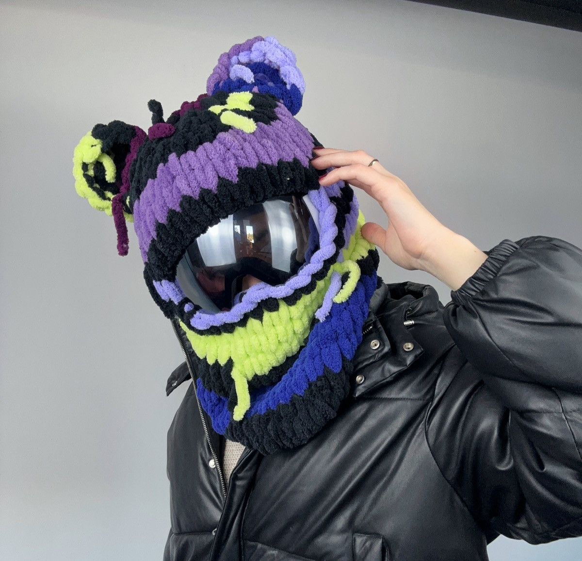 Handmade Bear helmet cover balaclava with ears . Black Ski mask Size ONE SIZE - 4 Thumbnail