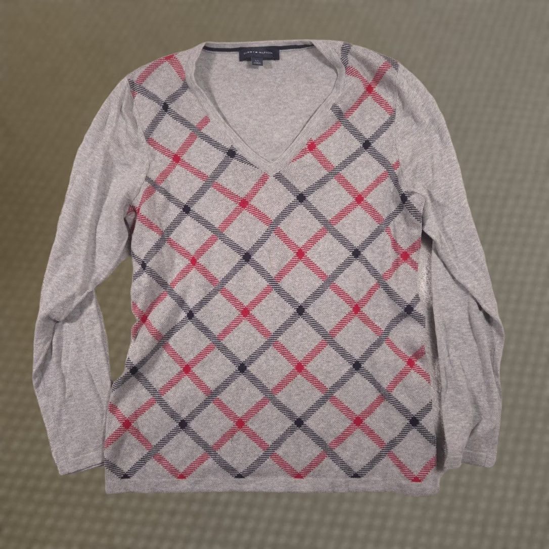Tommy Hilfiger Tommy Hilfiger Sweater Womens L Gray V-Neck Argyle Lightweight Knit Pullover Size L / US 10 / IT 46 - 1 Thumbnail