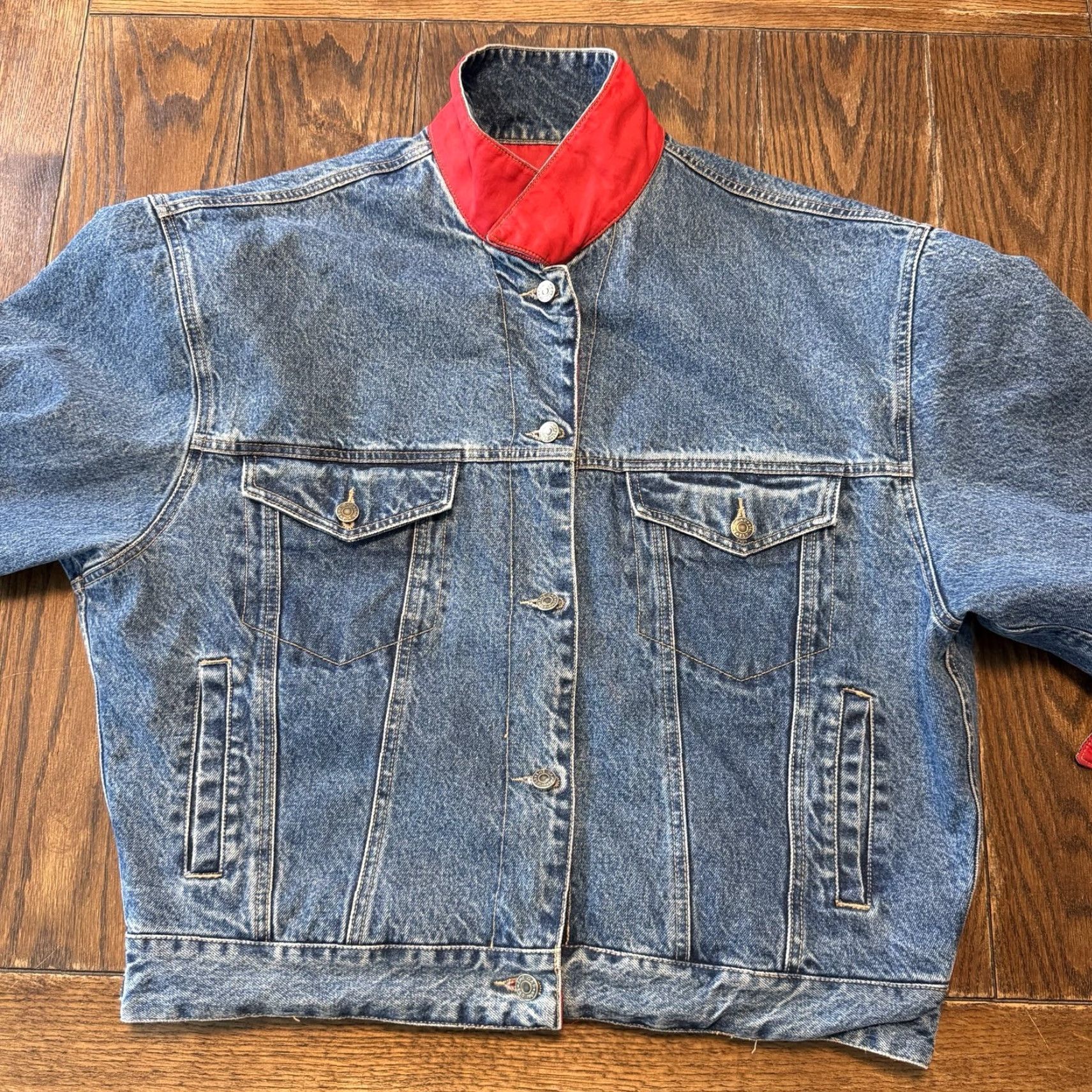 Gap VINTAGE GAP Jean Trucker Jacket Reversible RED Nylon & Blue Denim Large Size US 33 - 3 Thumbnail