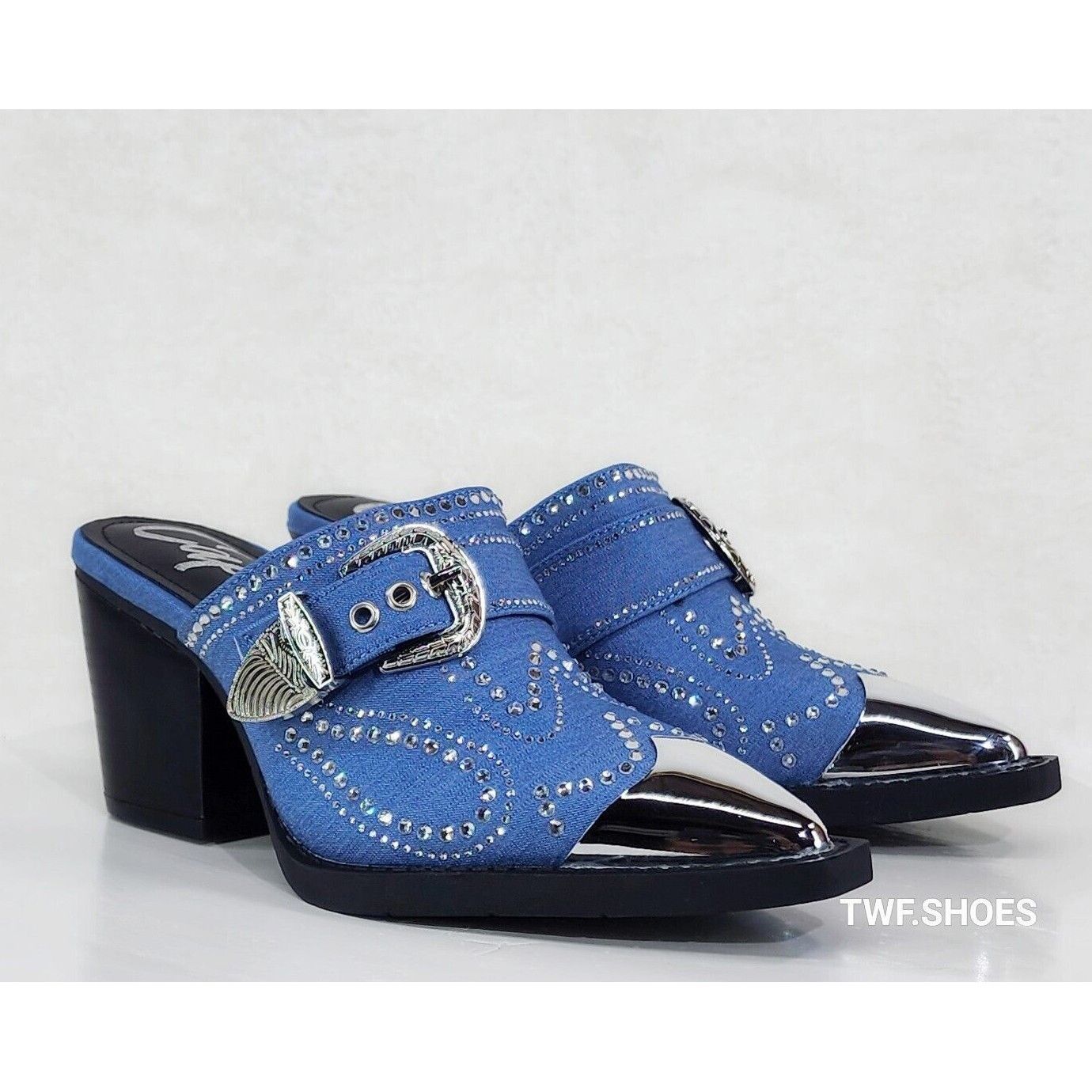 Other Vive Western Slip On Mules Blue Denim Rhinestones Metal Toe Size US 7 / IT 37 - 1 Thumbnail