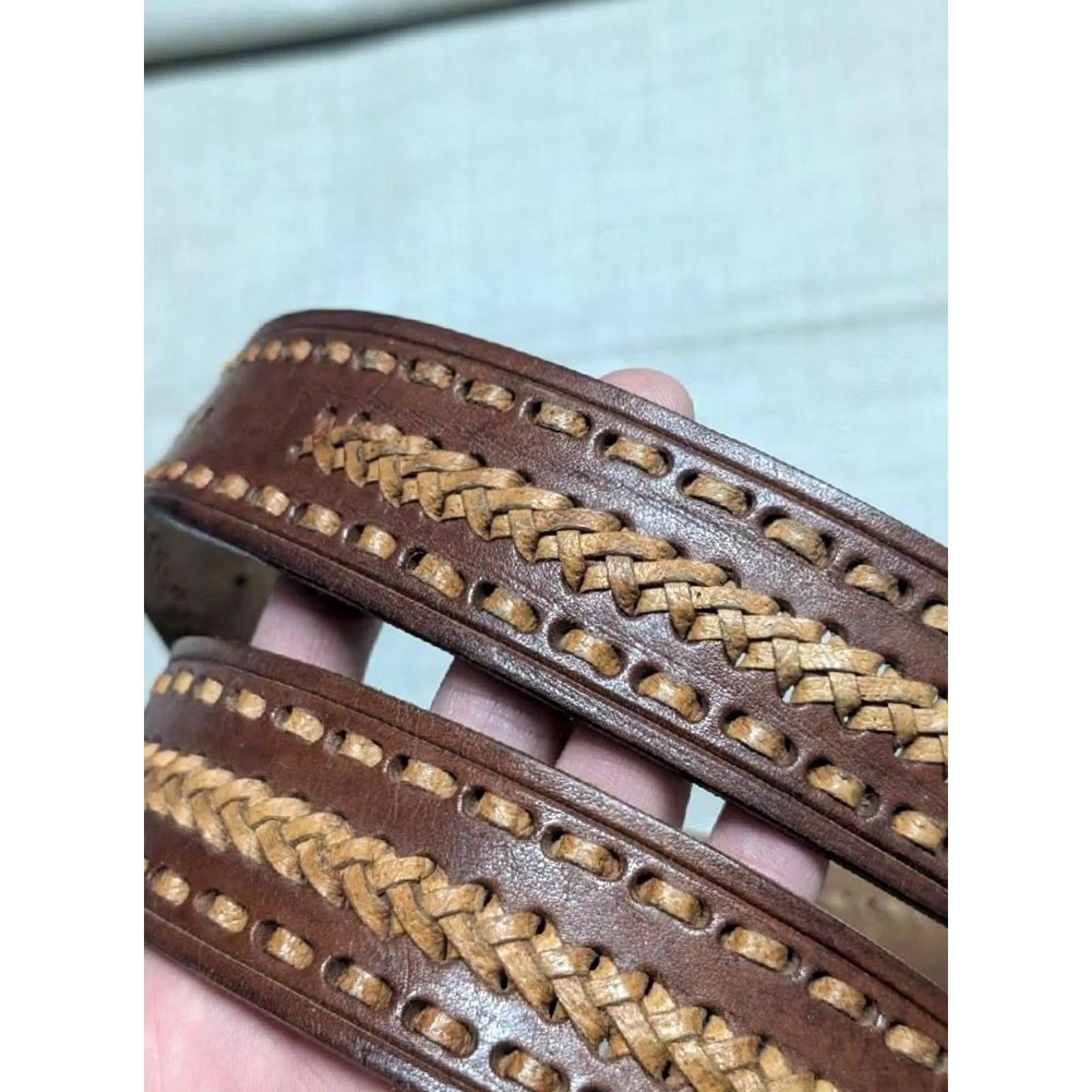 Vintage VINTAGE handcrafted western belt 34 brown leather cowhide full grain weave belt Mens Size 34 - 2 Thumbnail