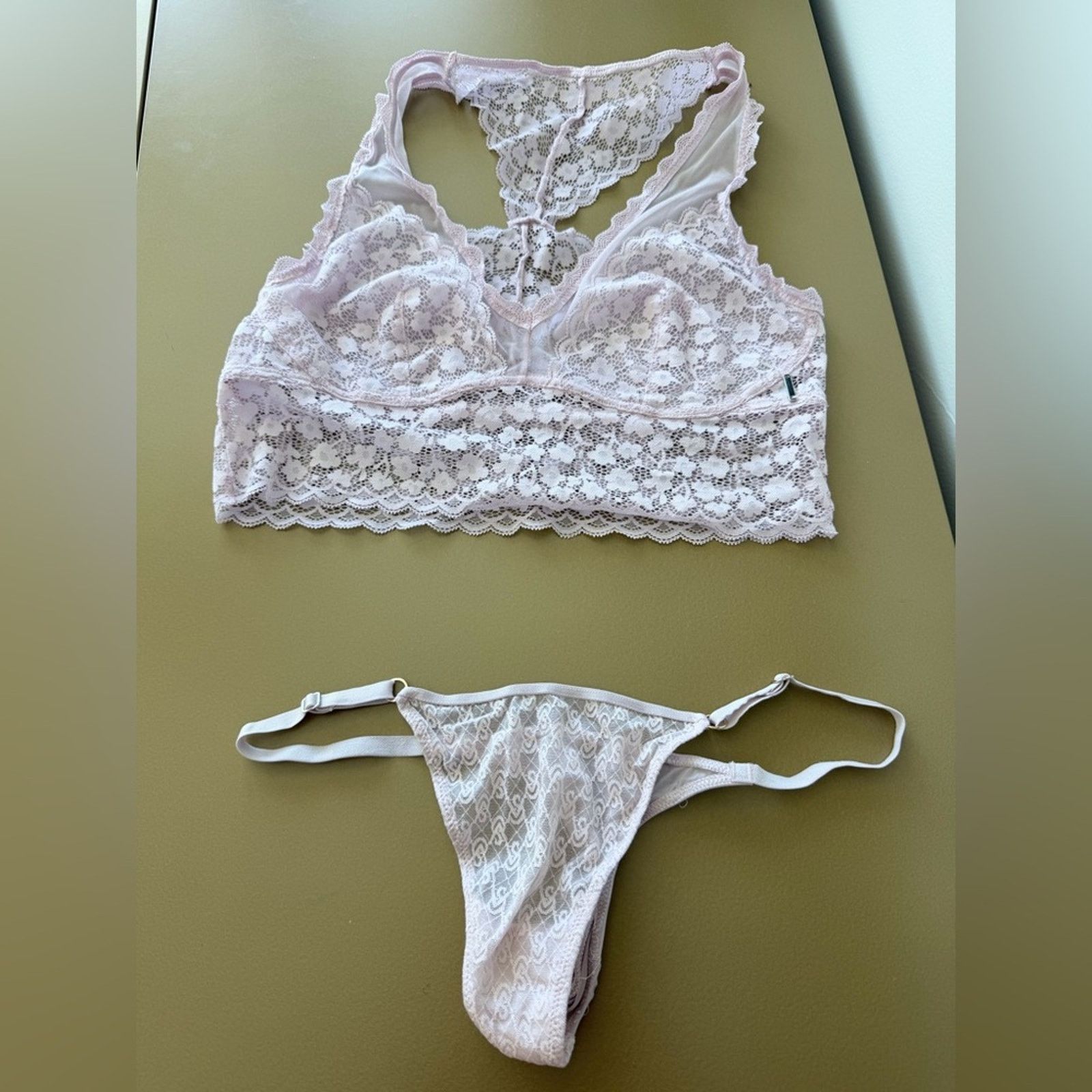 Other Light Pink Lace Bralette & Thong Set Bra size M Panties S Size ONE SIZE - 6 Thumbnail