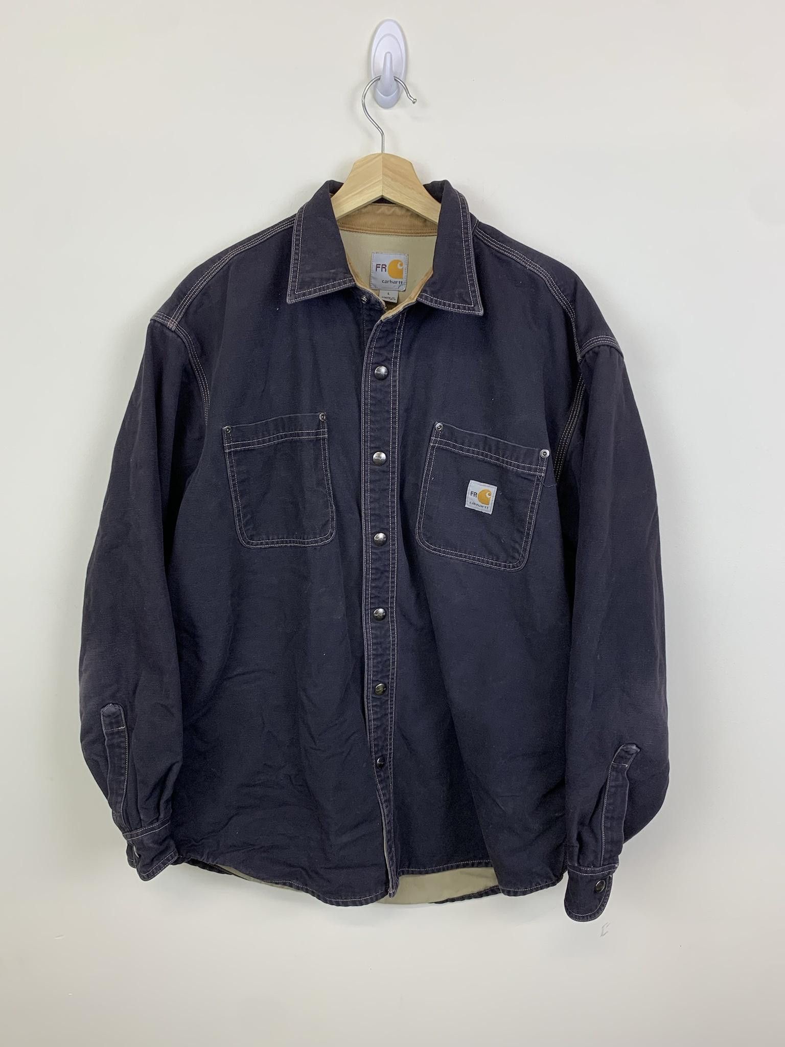 image of 1990S Carhartt Fire Resistant Snap Chore Jacket in Navy, Men's (Size Large)