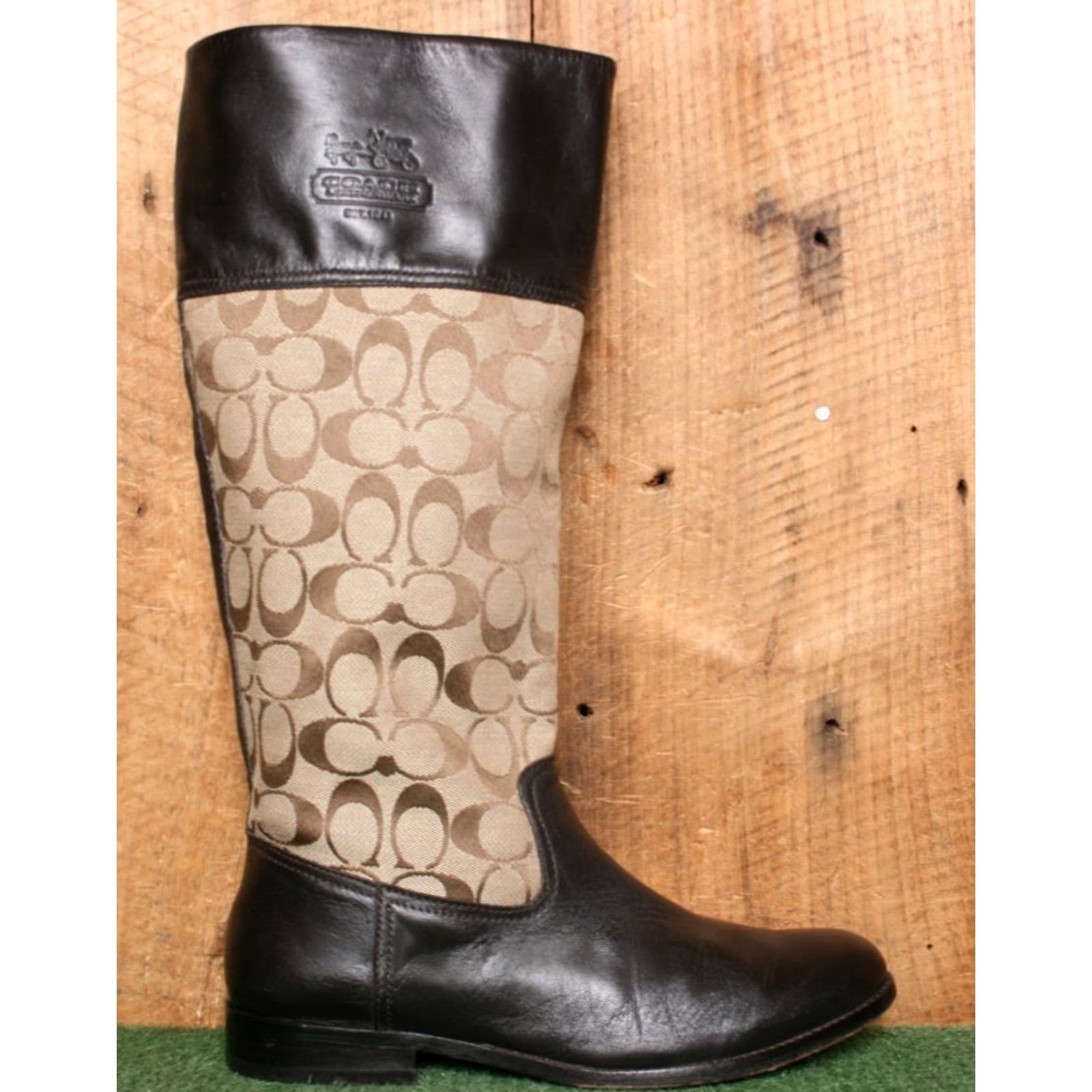 Coach VINTAGE COACH 'Chrissi' Brown Leather Khaki Signature Logo Jacquard Riding Boots Sz. 9B Women Knee High Leather | Canvas Brown Riding Boot Mens? Size US 9 / IT 39 - 2 Thumbnail