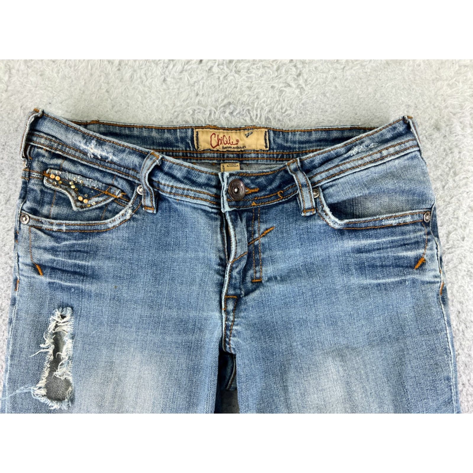 Denime Chiqle Jeans Womens 7 Blue Denim Distressed Flared 26x31 5-Pocket Zip Embroidered Zipper Button Regular 31 Inseam" Size 28" / US 6 / IT 42 - 4 Thumbnail