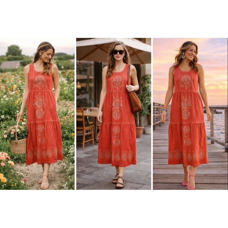 J. Jill J. Jill Women Midi Dress Red M Modal Rayon Boho Cottagecore Size M / US 6-8 / IT 42-44 - 1 Thumbnail