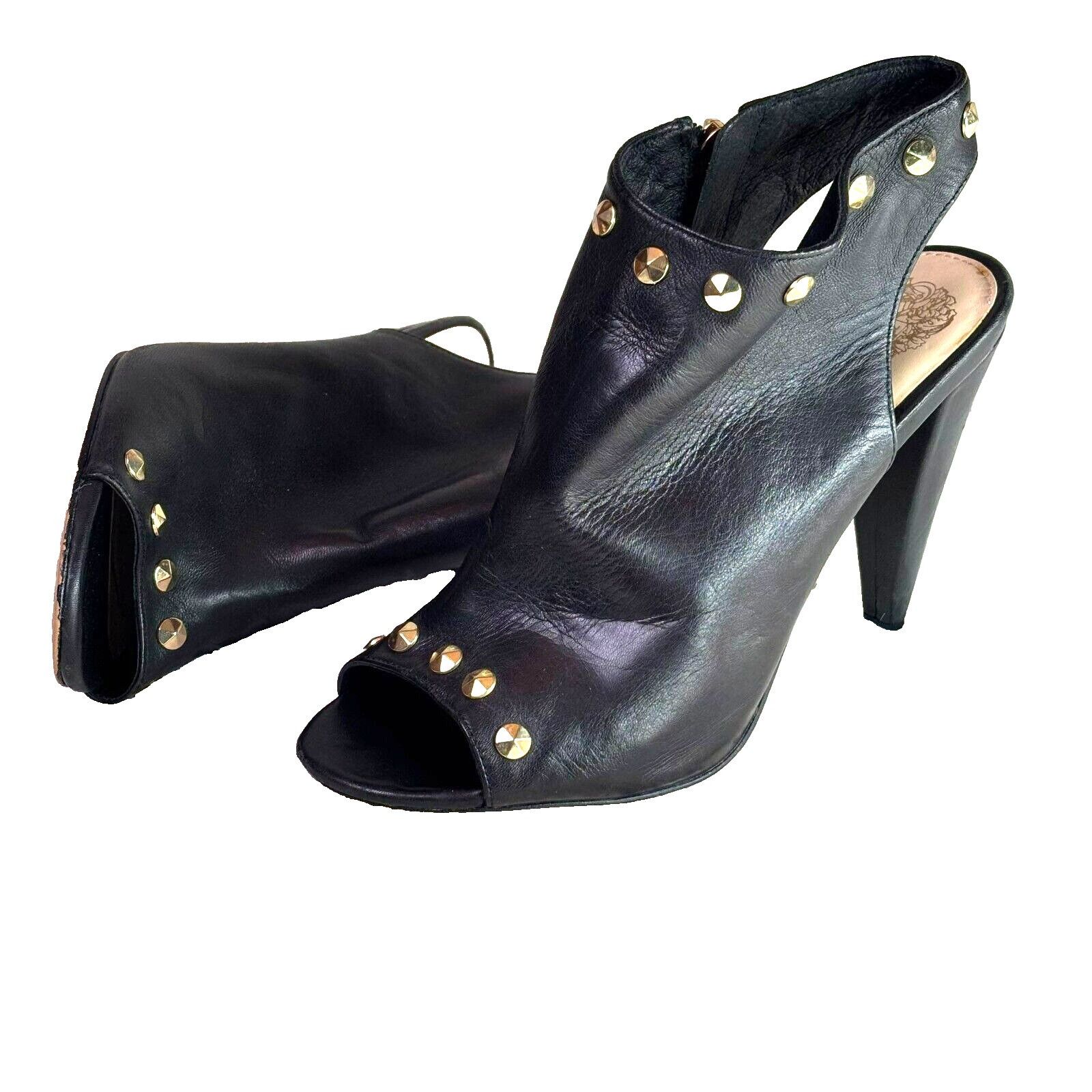 Vince Camuto Vince Camuto Black Leather Peep Toe Heel Booties w/ Gold Ton Size US 7.5 / IT 37.5 - 1 Thumbnail