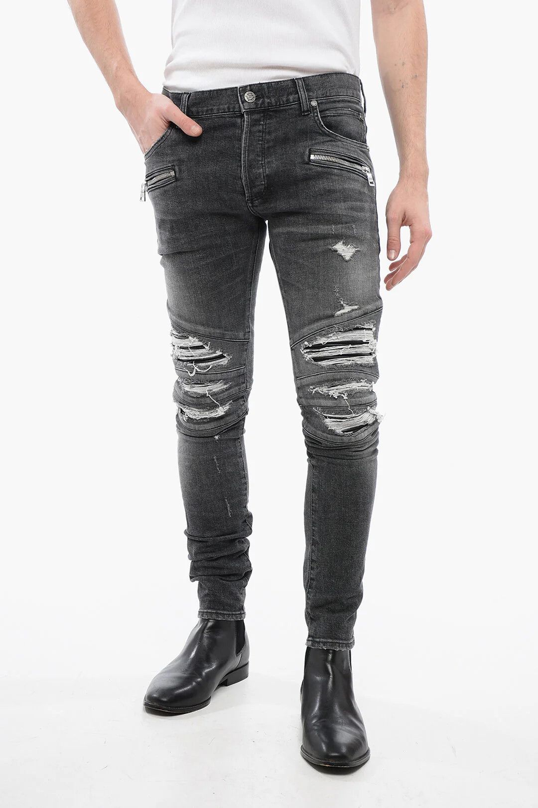 Balmain og1mm0326 Denim Multi-Pocket Distressed Jeans in Grey Size US 29 - 1 Thumbnail