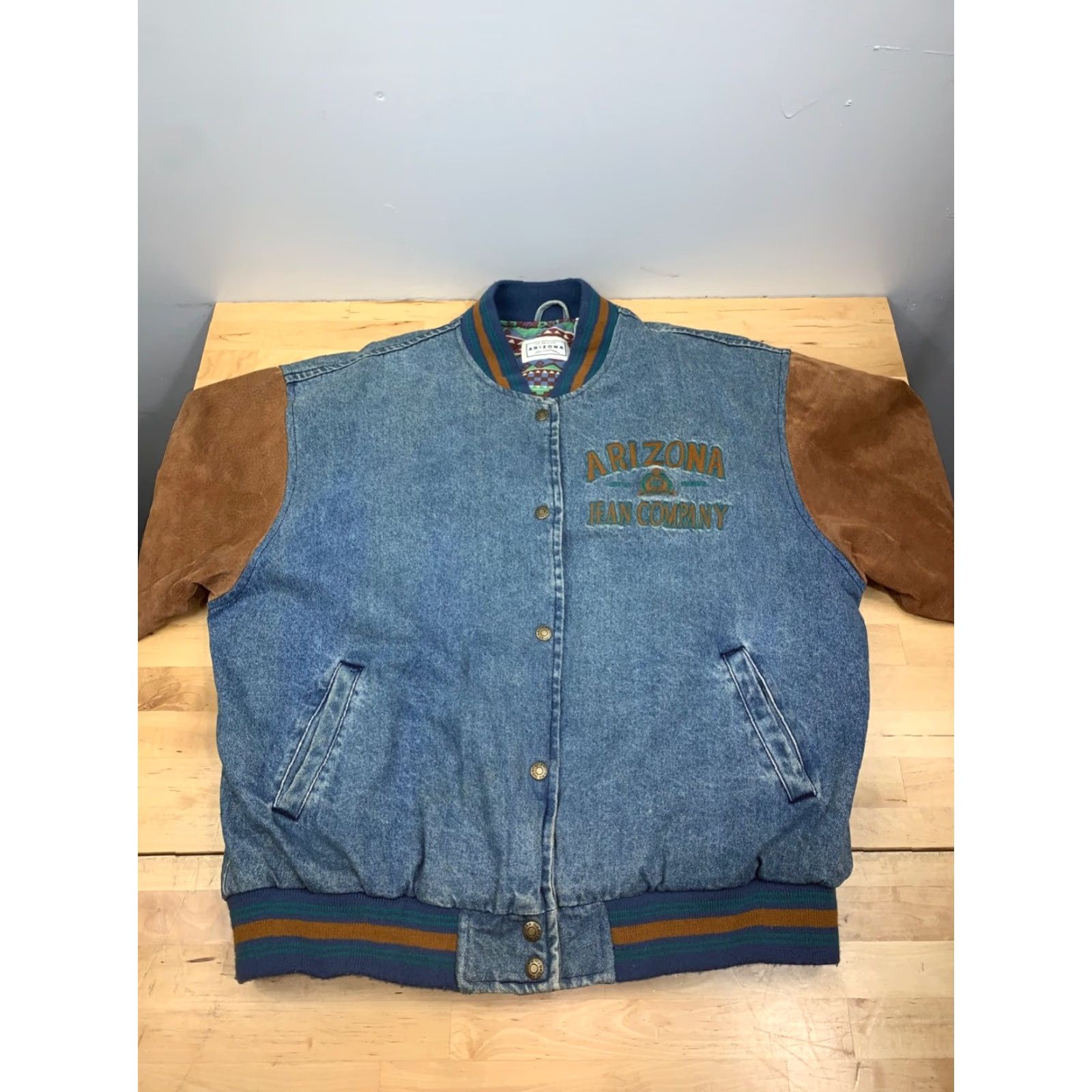 Vintage VINTAGE Arizona Jeans Bomber Jacket Men L Denim Leather Suede Blue 7815 Size US 33 - 3 Thumbnail