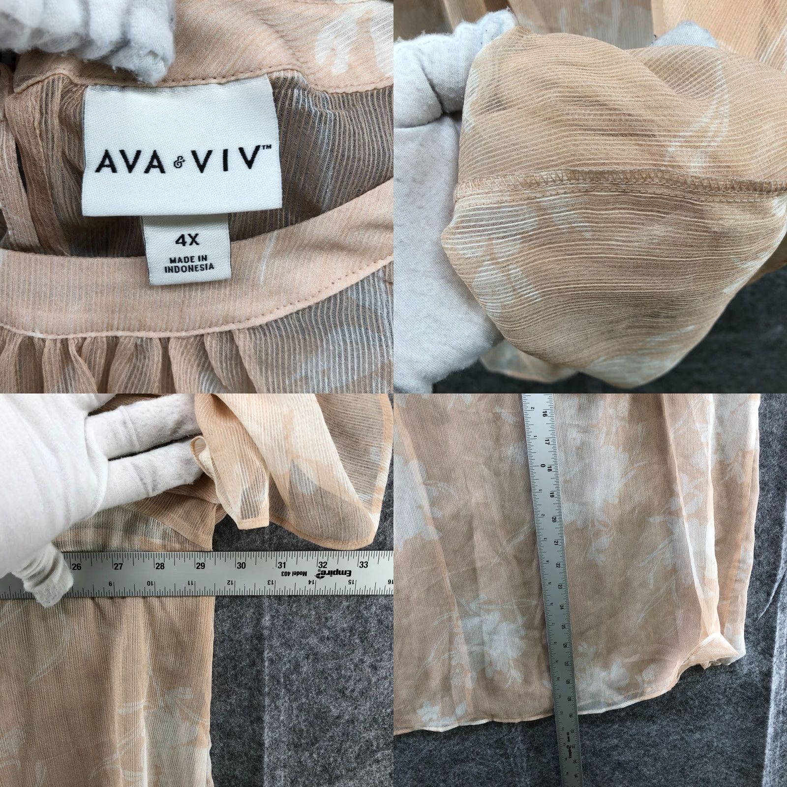 Vintage Ava & Viv Short Sleeve Blouse Womens 4X Chiffon Sheer Beige Cream Flutter Sleeve Size XXL / US 16-18 / IT 52-54 - 8 Thumbnail