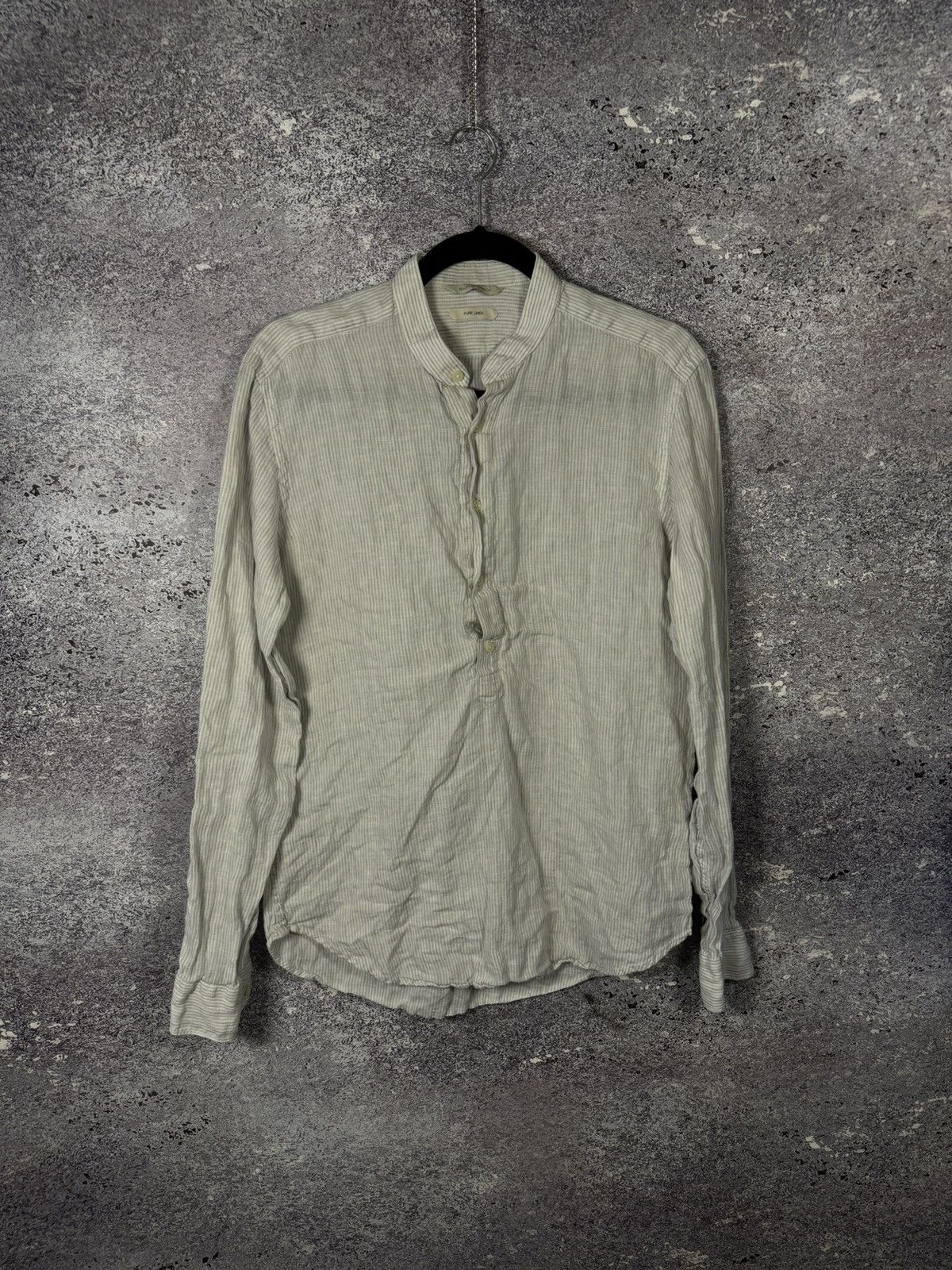 Suitsupply Suitsupply Shirt Gray Stripe Pure Linen Band Collar Popover Size US M / EU 48-50 / 2 - 1 Thumbnail