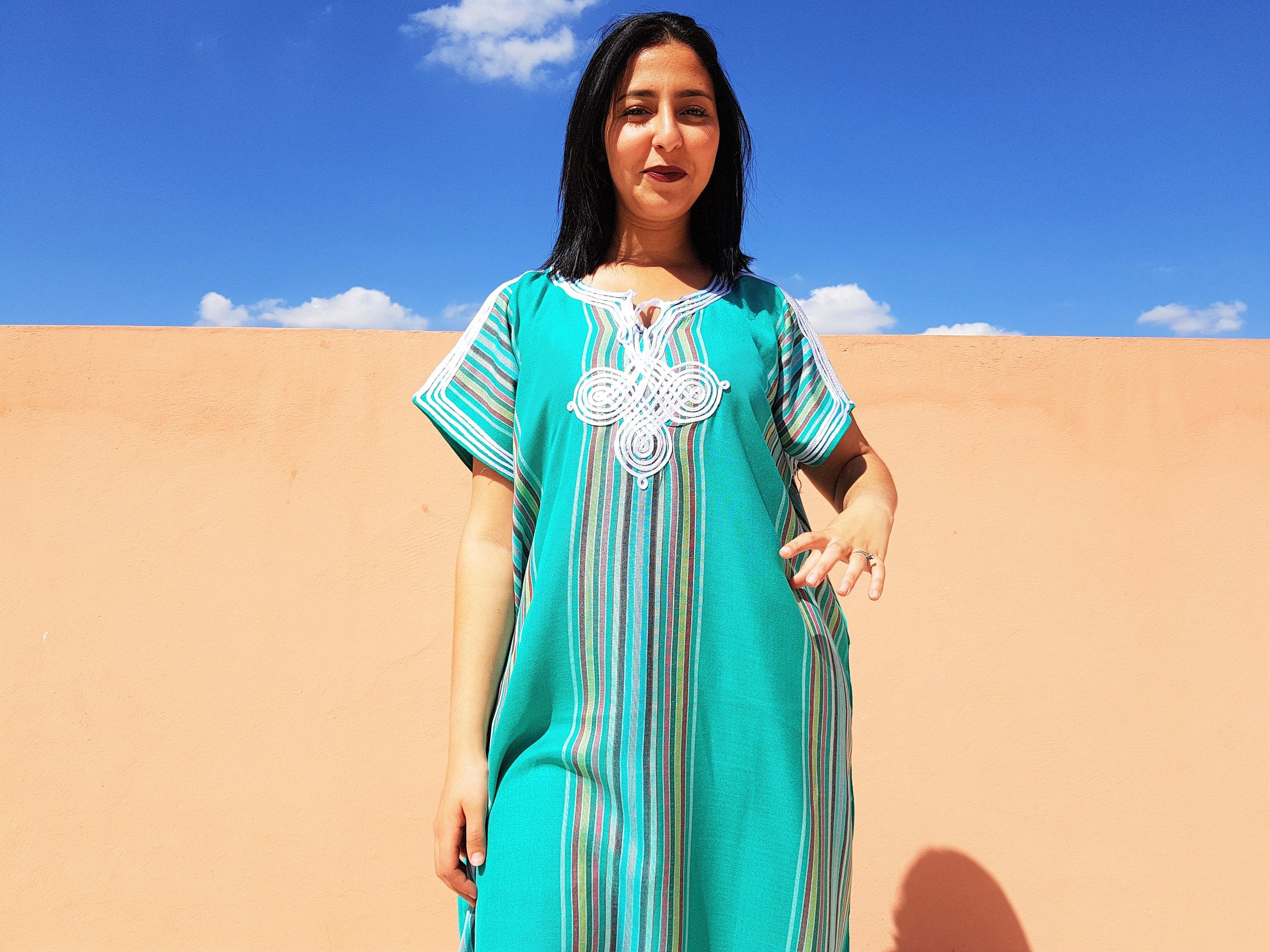 Designer × Handmade Cute Light Blue Moroccan Kaftan Size ONE SIZE - 3 Thumbnail