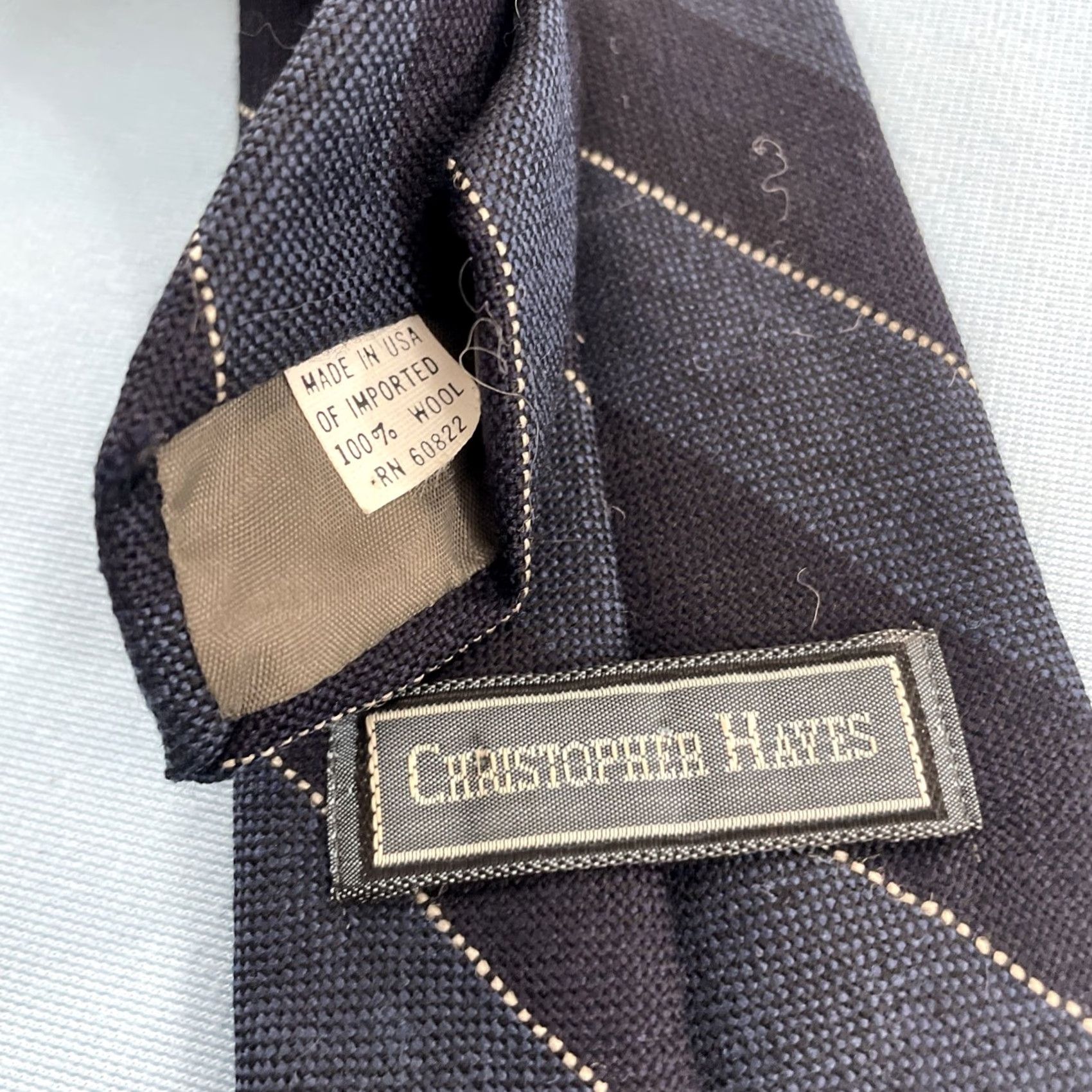 Vintage VINTAGE Christopher Hayes Wool Tie Striped Repp Necktie Dark Blue 58" 3x56 Men Jewelry & Accessories Wool Tie Triband Blue Gray Satin Ornamented Size ONE SIZE - 5 Thumbnail