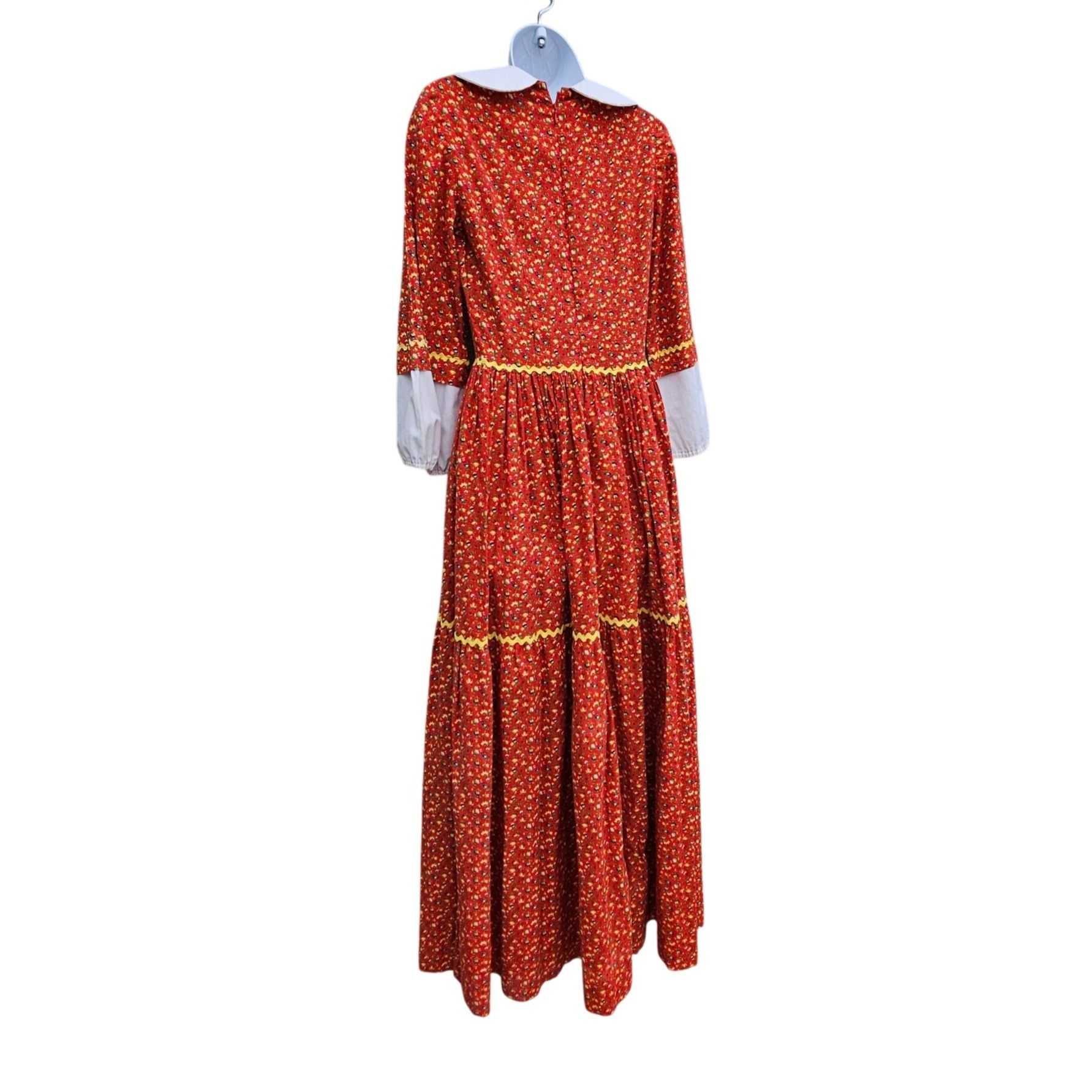 Homemade Vintage 70s Red Calico Maxi Prairie Dress Peter Pan Collar C Size XS / US 0-2 / IT 36-38 - 5 Thumbnail