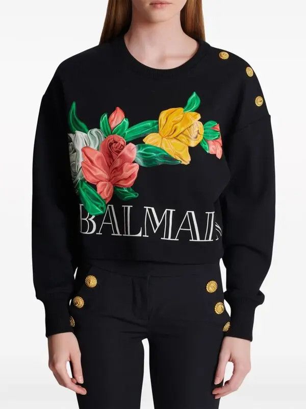 Balmain o1s1wg110825 Sweatshirt With Rose Print in Black Size XL / US 12-14 / IT 48-50 - 4 Thumbnail