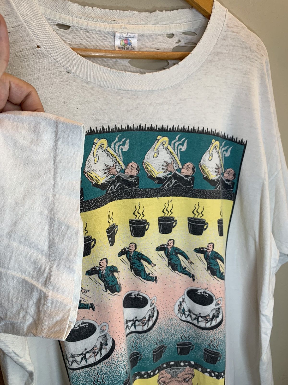 Vintage RARE* Vintage Java-Rama Ken Brown Coffee Art Thrashed Shirt Size US XL / EU 56 / 4 - 6 Thumbnail