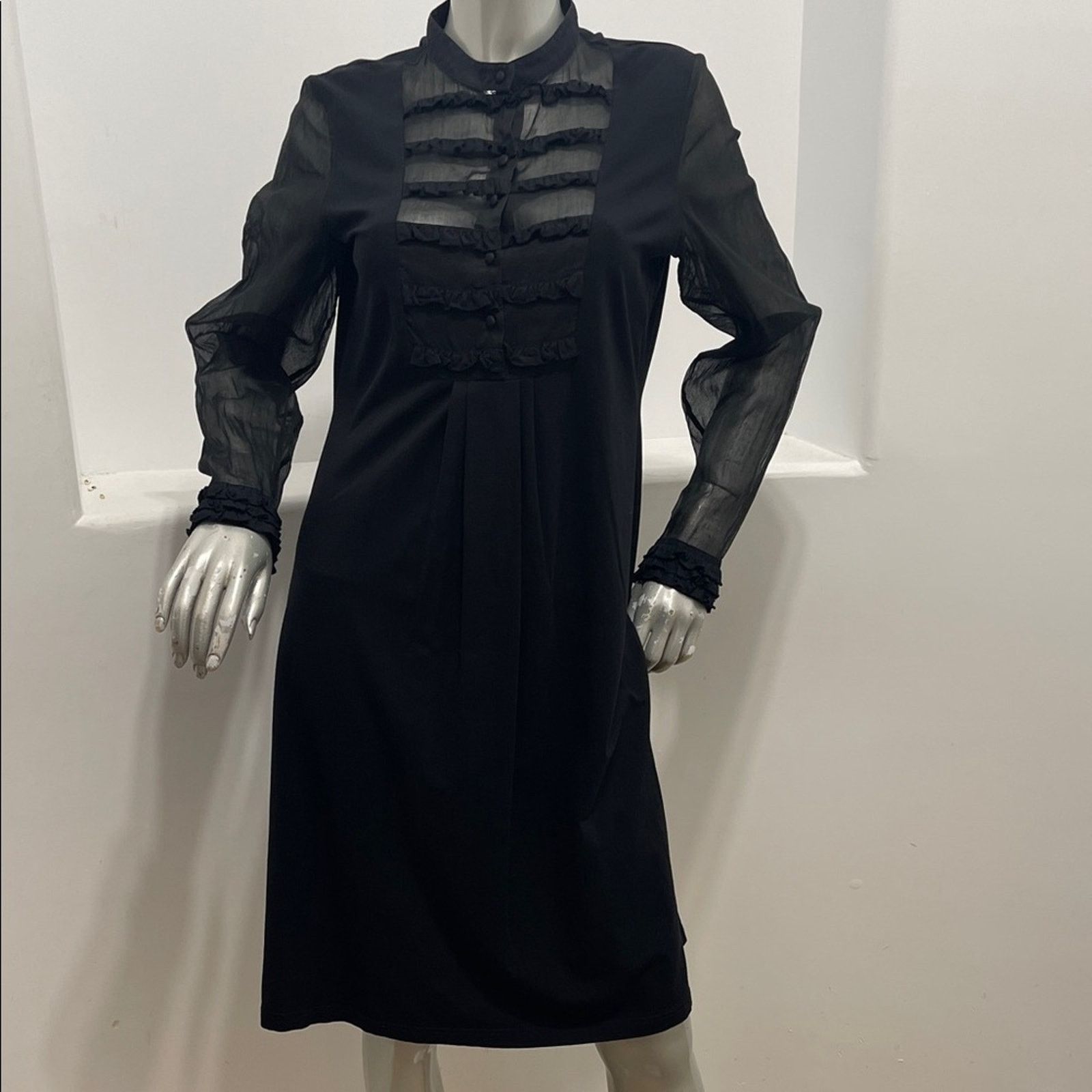 ANNE FONTAINE Anne Fontaine Black Ruffle Bib Long-Sleeve Dress Size FR 44 Size L / US 10 / IT 46 - 8 Thumbnail