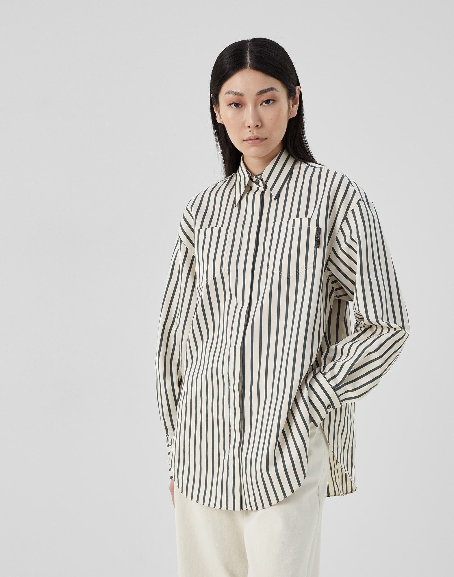 Brunello Cucinelli o1y0725 Striped Shirt in Ivory/Black Size XXS / US 00 / IT 34 - 1 Thumbnail