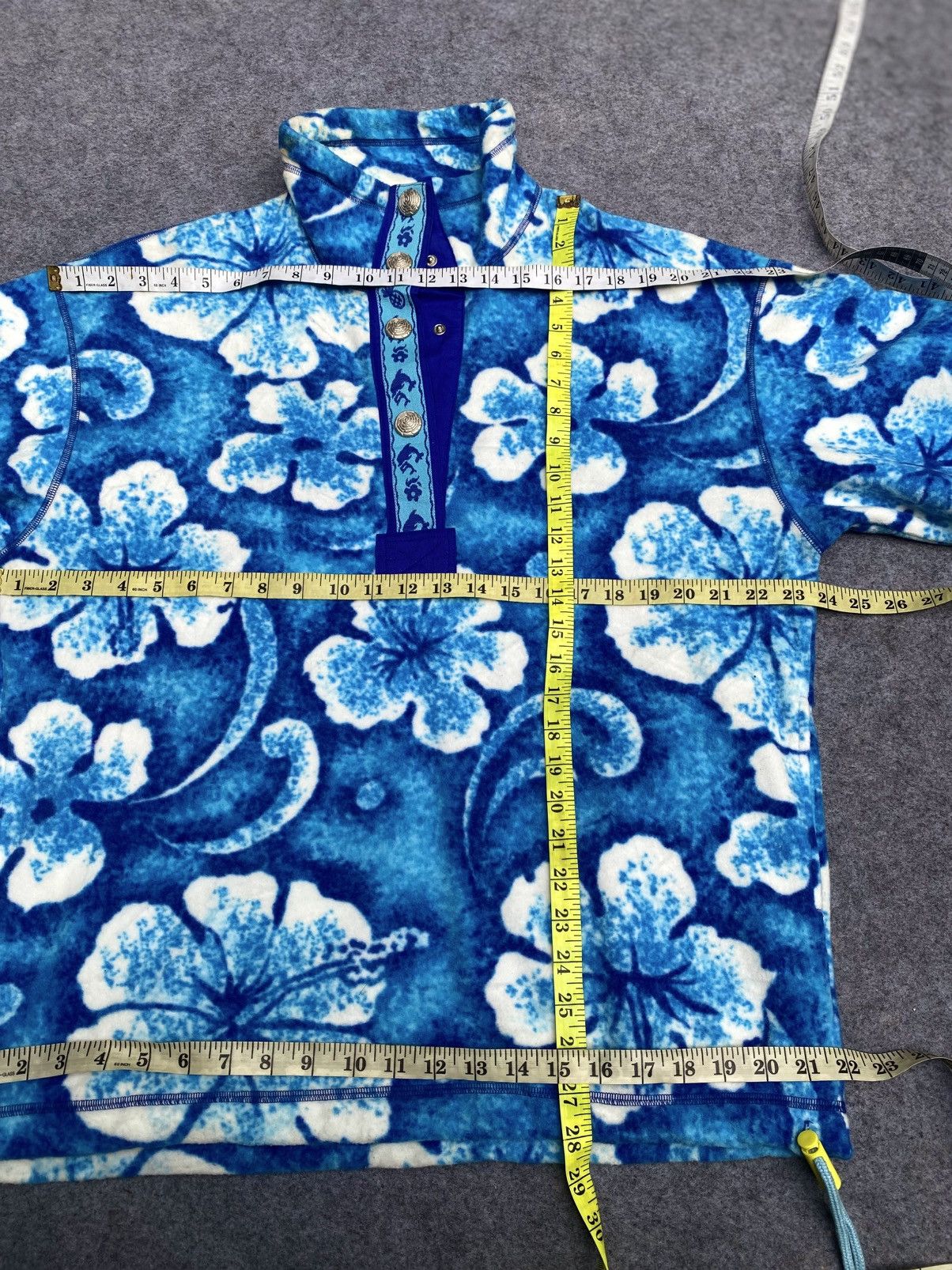 Vintage JOJO FIORE Blue Hibiscus Pattern Fleece Quarter-Snap Pullove Size US S / EU 44-46 / 1 - 17 Thumbnail