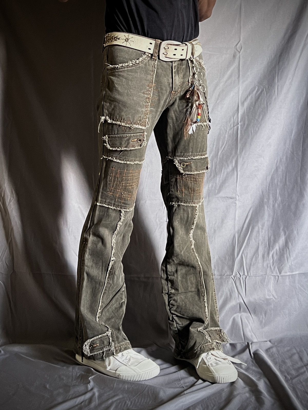 Japanese Brand Algonquins Visual Kei Mohawk Skeleton Distressed Flare Jeans Size US 31 - 4 Thumbnail