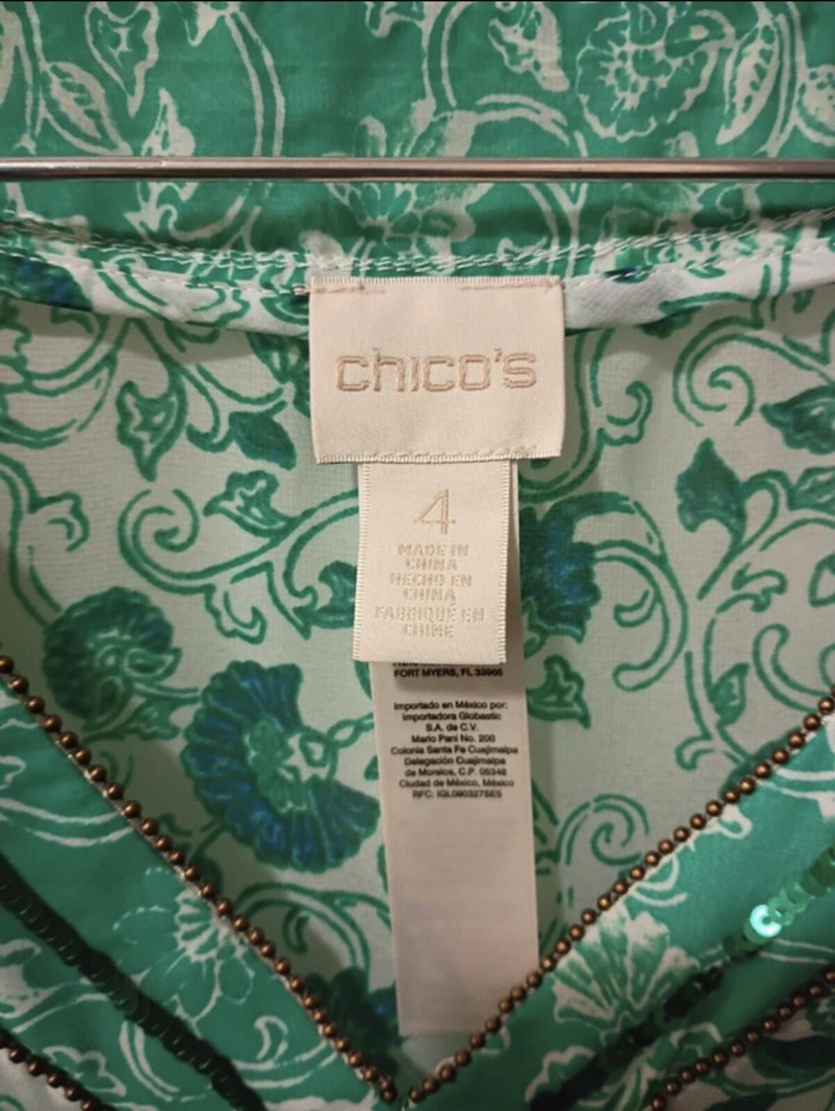Chicos Chico's Green Floral Patterned V-Neck Blouse with Bell Slee- Size XL / US 12-14 / IT 48-50 - 4 Thumbnail