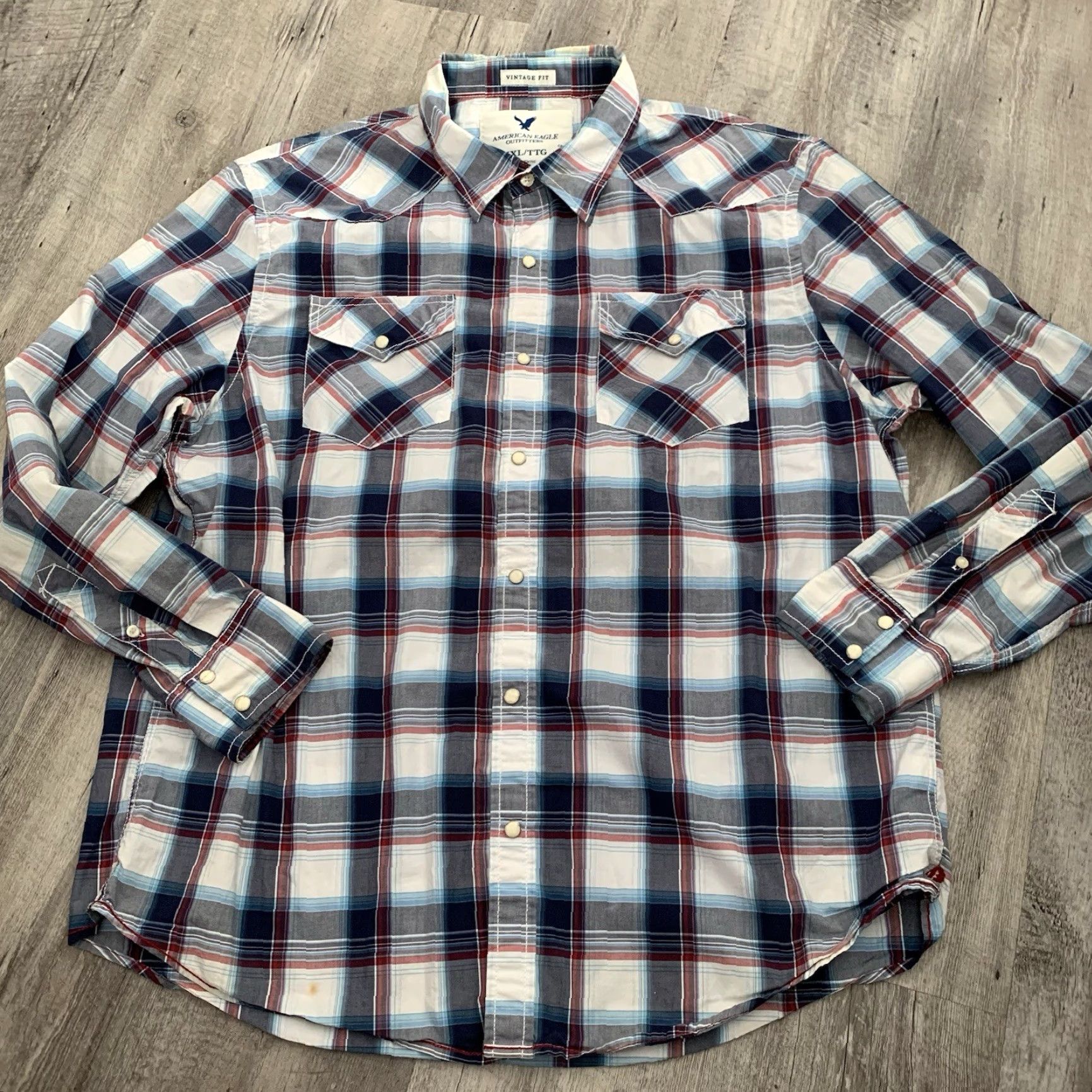 American Eagle Outfitters American Eagle Shirt Mens XXL Pearl Snap Vintage Fit Blue Plaid Long Sleeve Shirt Size US XXL / EU 58 / 5 - 3 Thumbnail