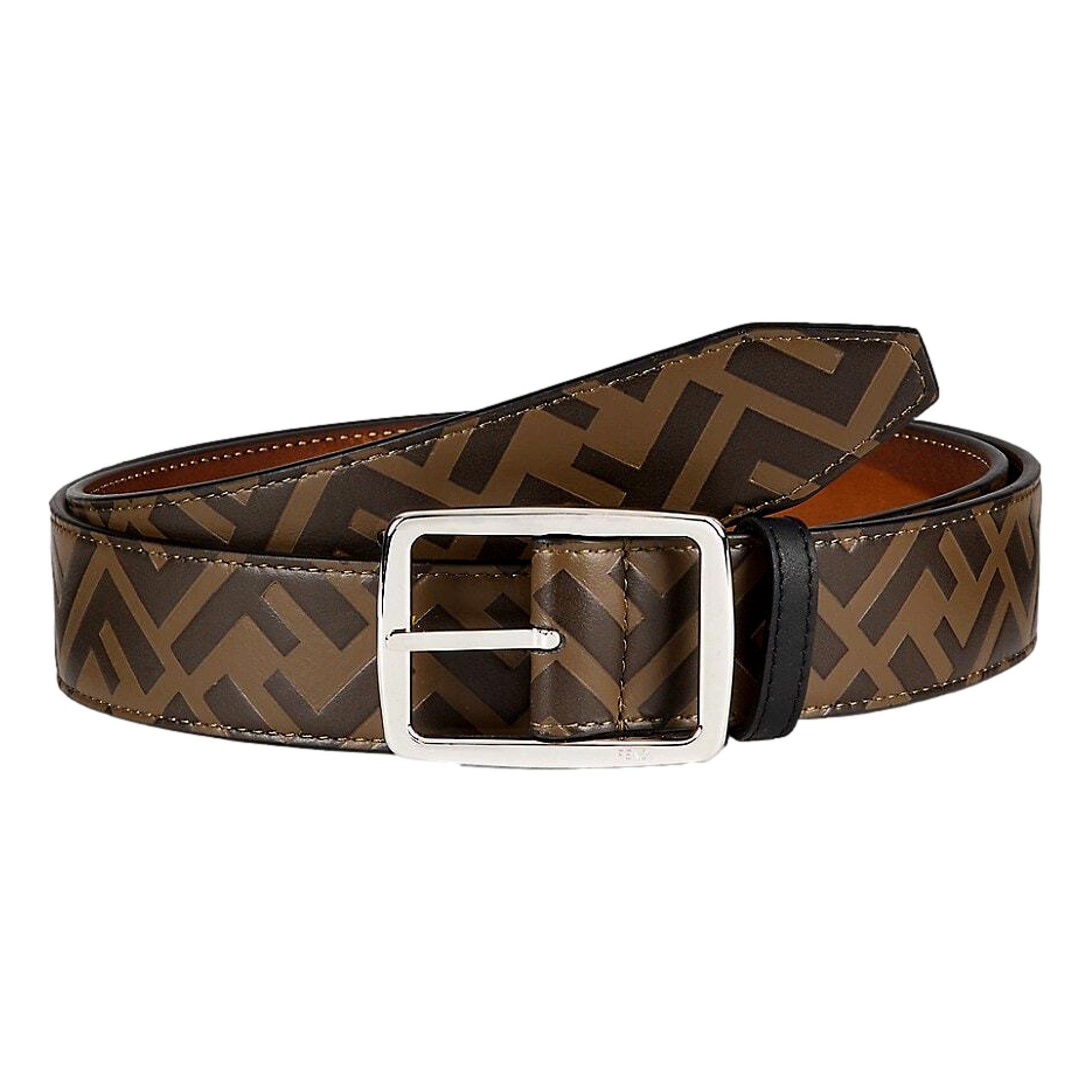image of NWT Fendi Ff Zucca Monogram Buckle Belt Size 90 Brown Calf Leather Silver, Women's