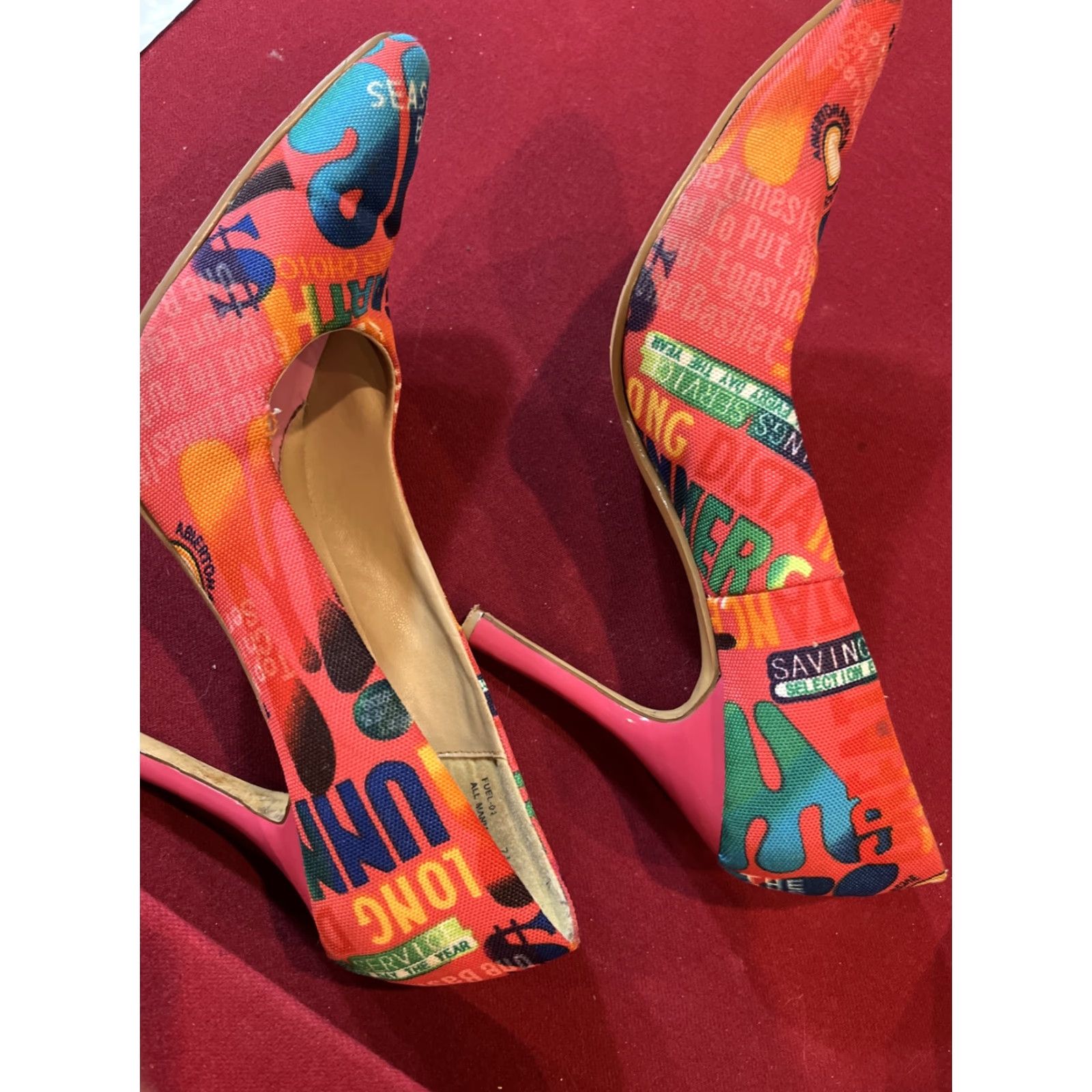 Vintage VINTAGE Anne Michelle Grafitti Word Art Pump Heel 4” Fuel 01 Stiletto Pink 7.5 Womens Shoes Size US 8 / IT 38 - 5 Thumbnail