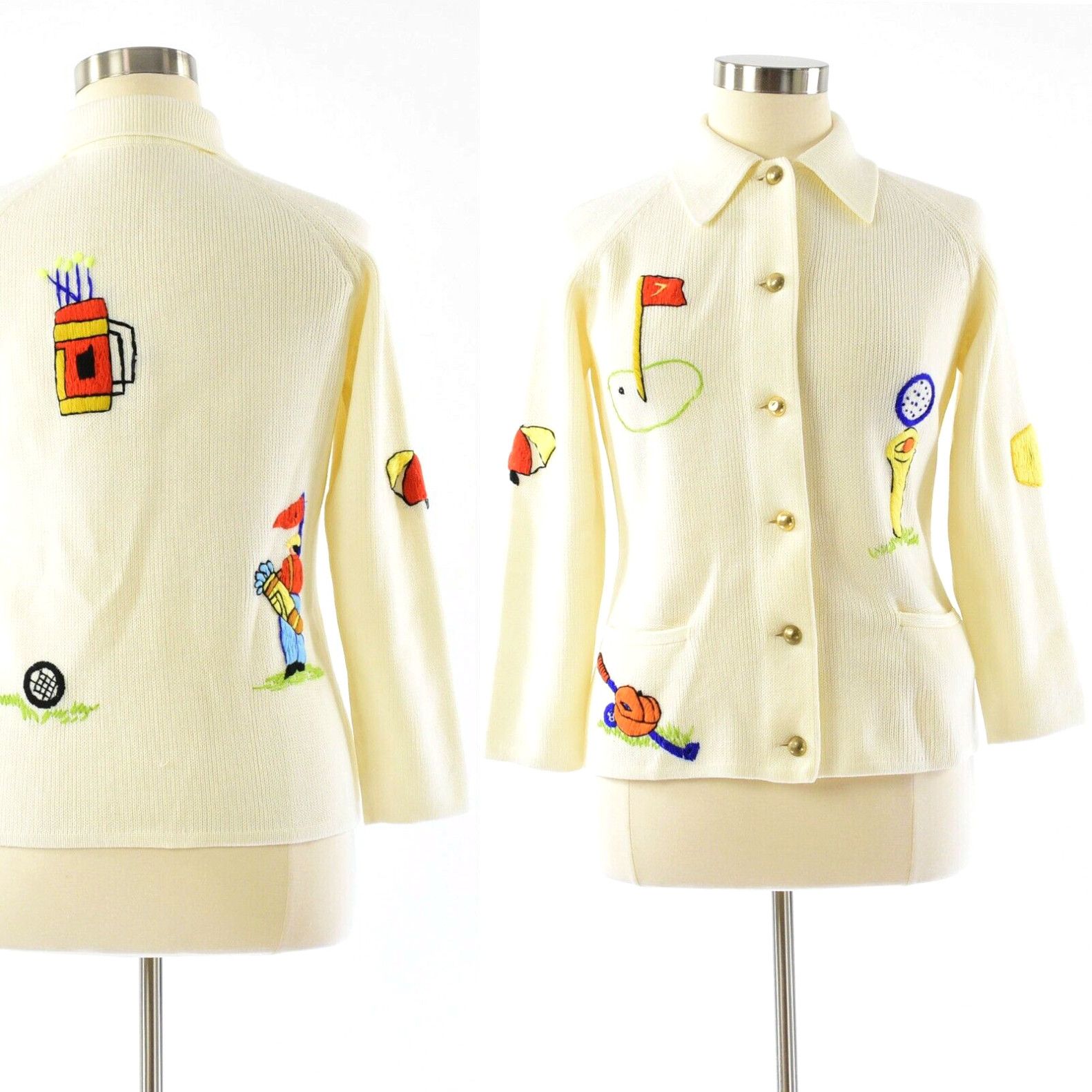 image of 60S Vintage Ivory Embroidered Golf Cardigan Sweater Coat Novelty Womens Large L in White